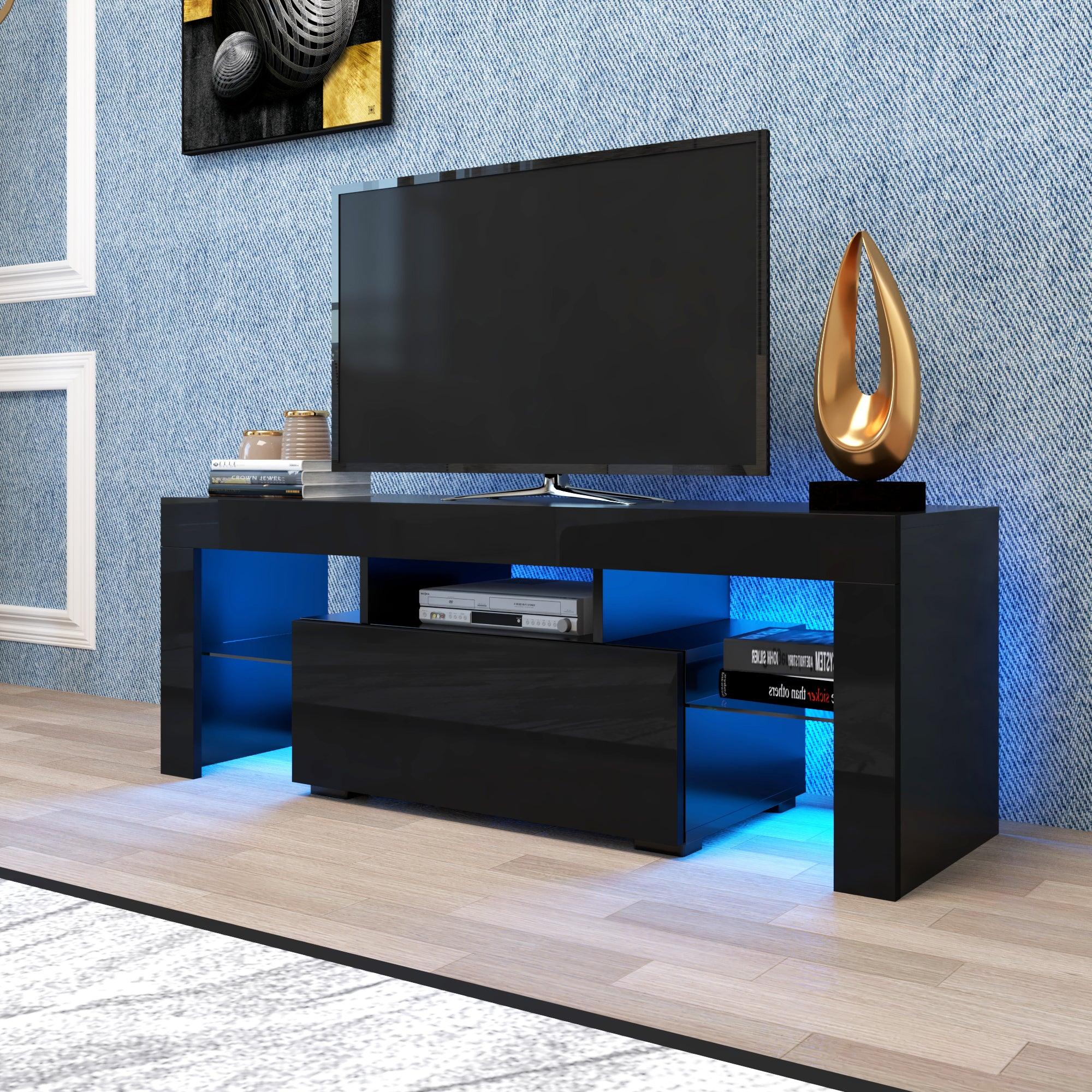 Black TV Stand with LED RGB Lights - Modern Flat Screen TV Cabinet for Gaming Consoles - Perfect for Living Room, Bedroom & Lounge Room Decor (Black) - Ideal for Movie Nights & Gaming Setup