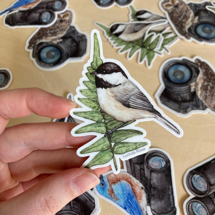 Carolina Chickadee on Fern Vinyl Sticker - Waterproof Decal for Laptops, Cars & Water Bottles - Nature-Themed Bird Stickers for Outdoor Enthusiasts
