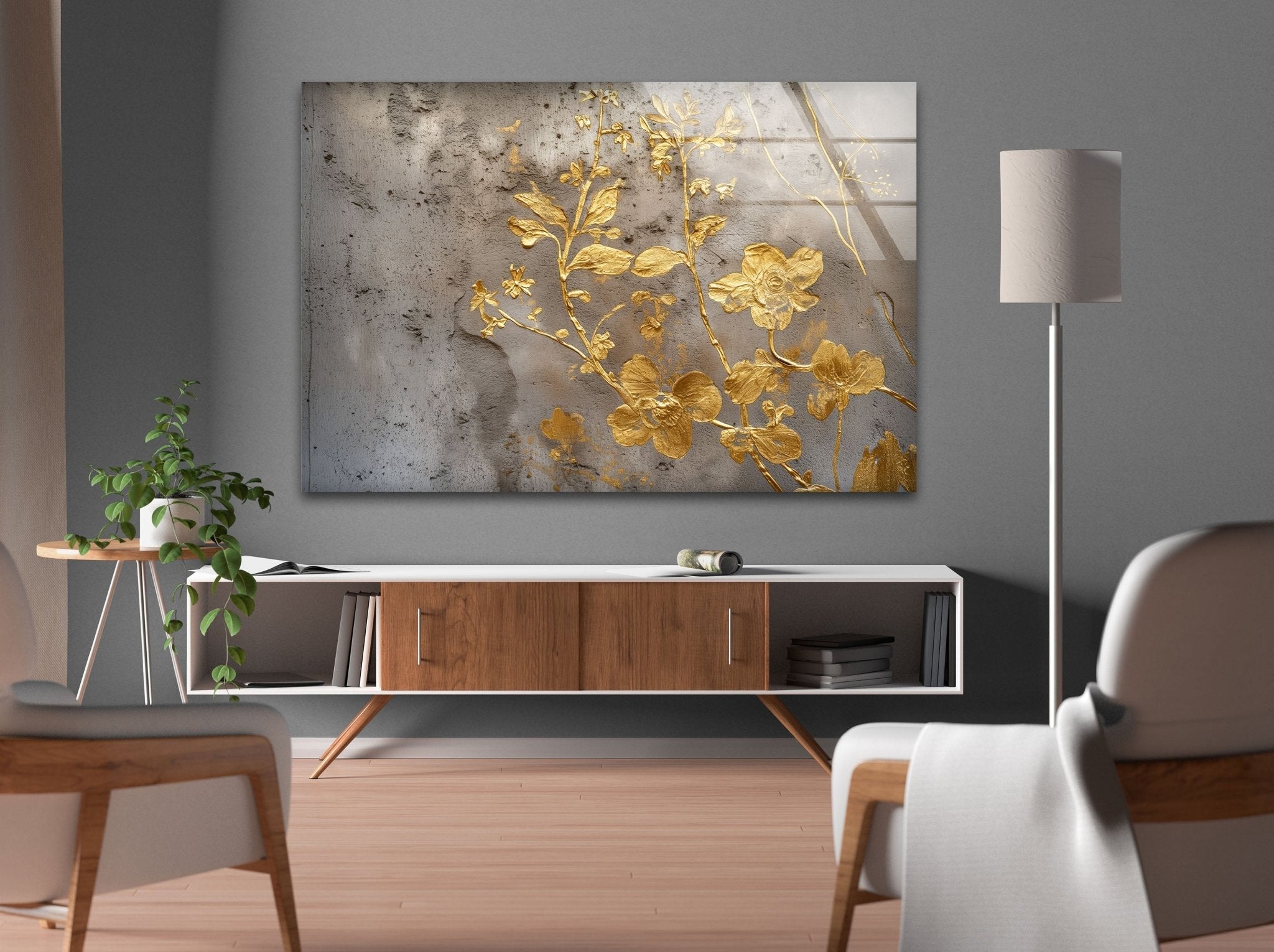Abstract Gold Flowers Glass Wall Art - Modern Home Decor for Living Room, Bedroom, Office - Elegant Handmade Glass Painting for Wall Display