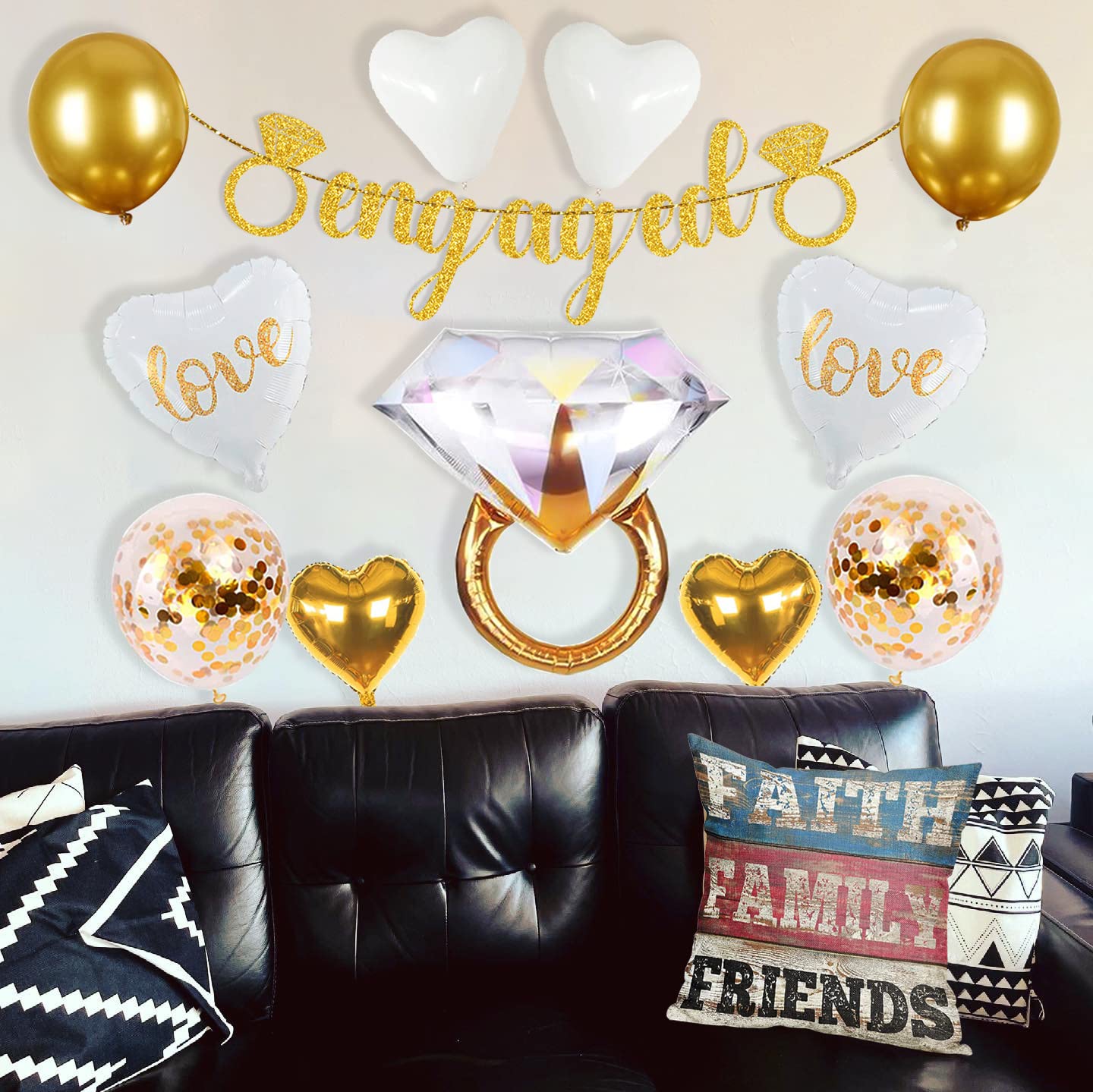 Sparkly Gold Engagement Party Decorations Set - Engaged Banner, Cake Toppers, Confetti & Ring Balloons for Wedding, Bridal Shower & Anniversary Celebrations | Elegant Glitter Party Supplies