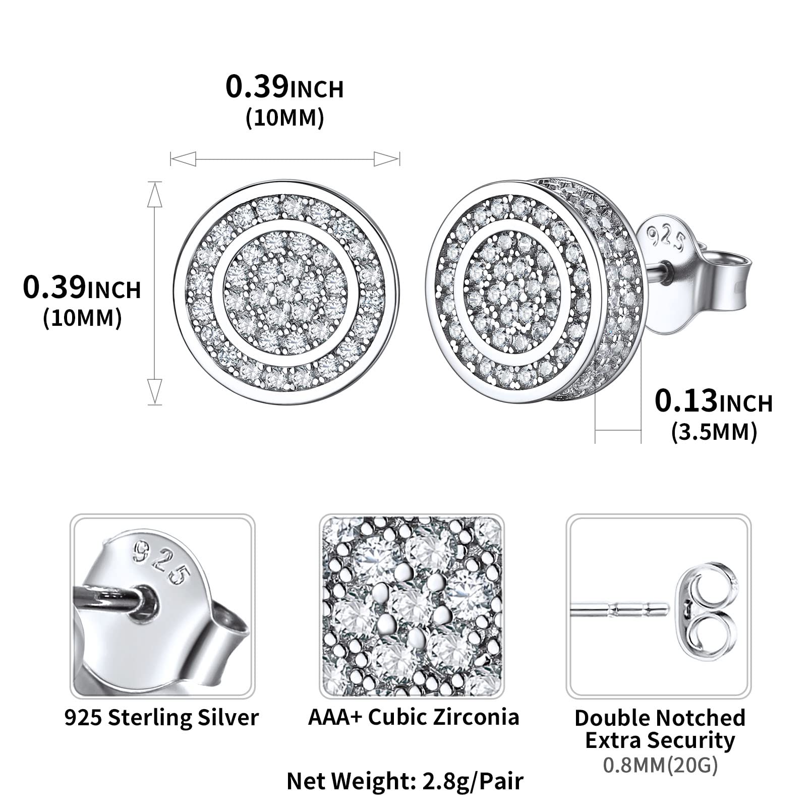 ChicSilver 925 Sterling Silver CZ Stud Earrings for Women & Men - Hypoallergenic Jewelry for Daily Wear