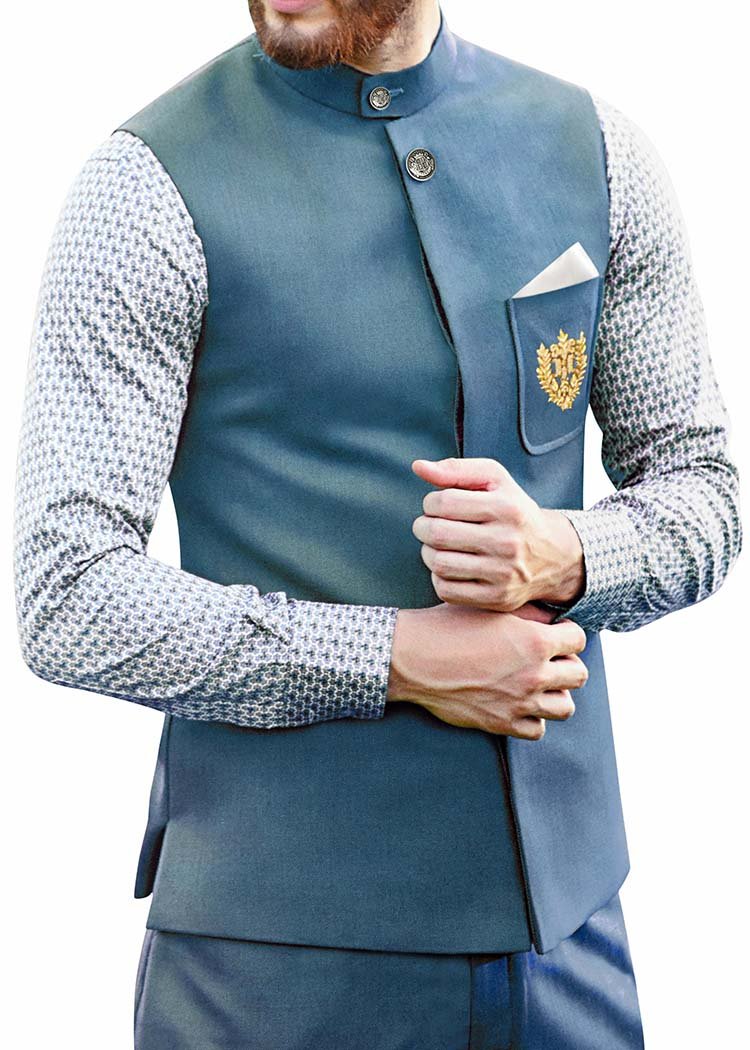 INMONARCH Men's Steel Blue Polyester 3 Piece Jodhpuri Suit with Sleeveless Design JO485 | Formal Ethnic Wear for Weddings & Special Occasions