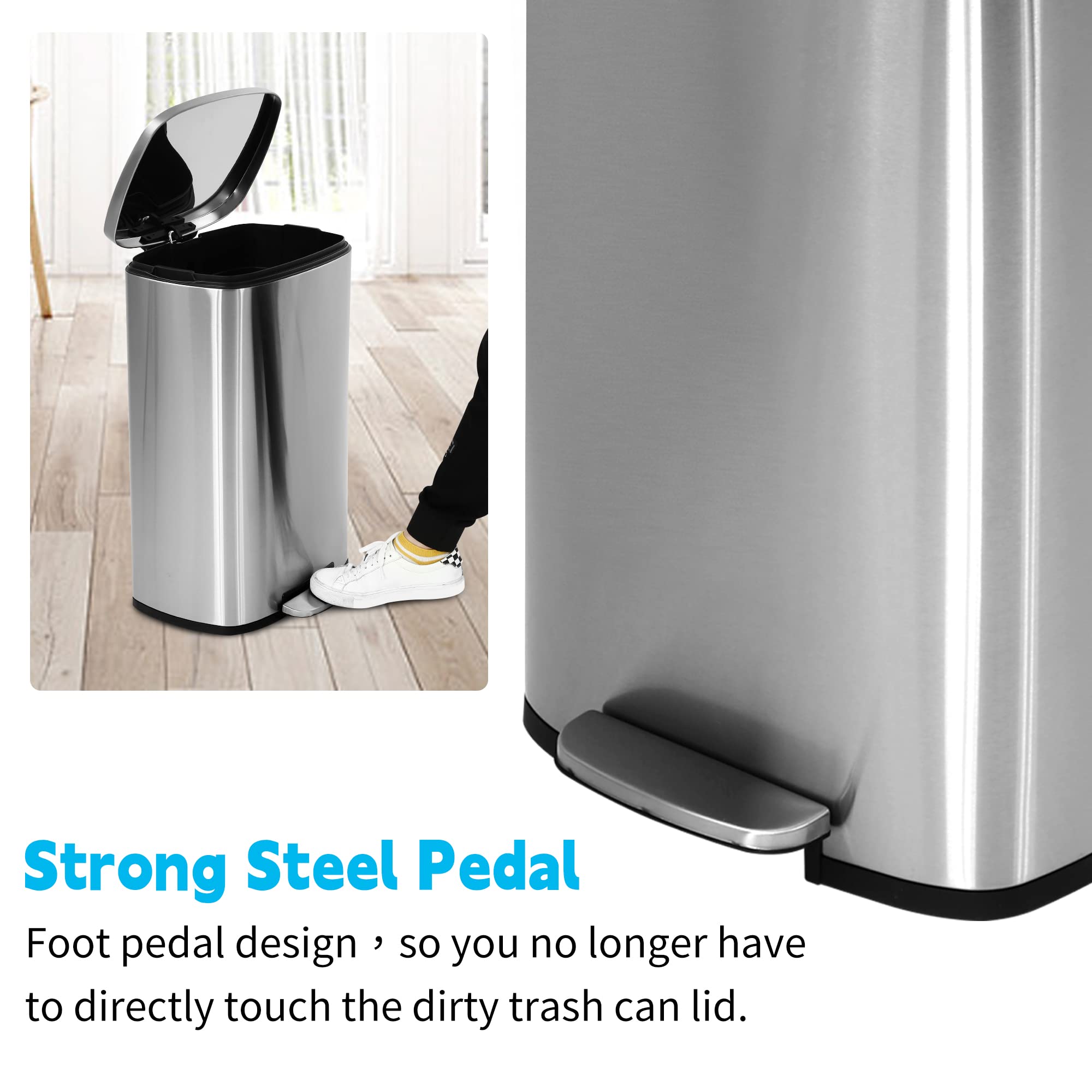 BLKMTY 13 Gallon Stainless Steel Step Trash Can with Lid & Inner Bucket - Pedal Kitchen Garbage Bin for Office & Home Use - Durable Silver Metal Waste Bin for Kitchen, Bathroom & Office Spaces