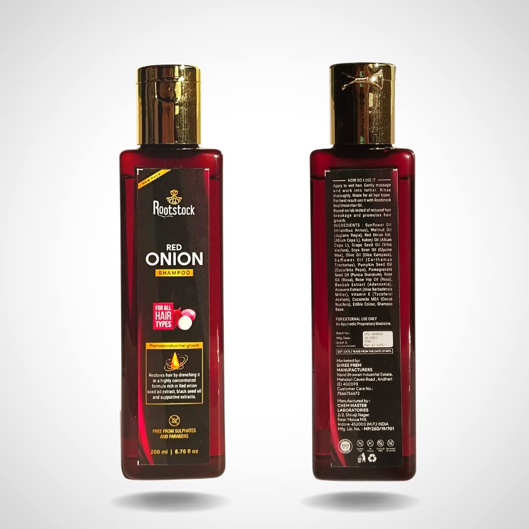 Organic Rootstock Red Onion Hair Shampoo 200ml - Sulfate Free & Paraben Free Shampoo for Hair Growth, Anti Hair Fall & Scalp Care | Strengthens & Nourishes Hair | Pack of 1 | Perfect for Daily Use & Damaged Hair Repair