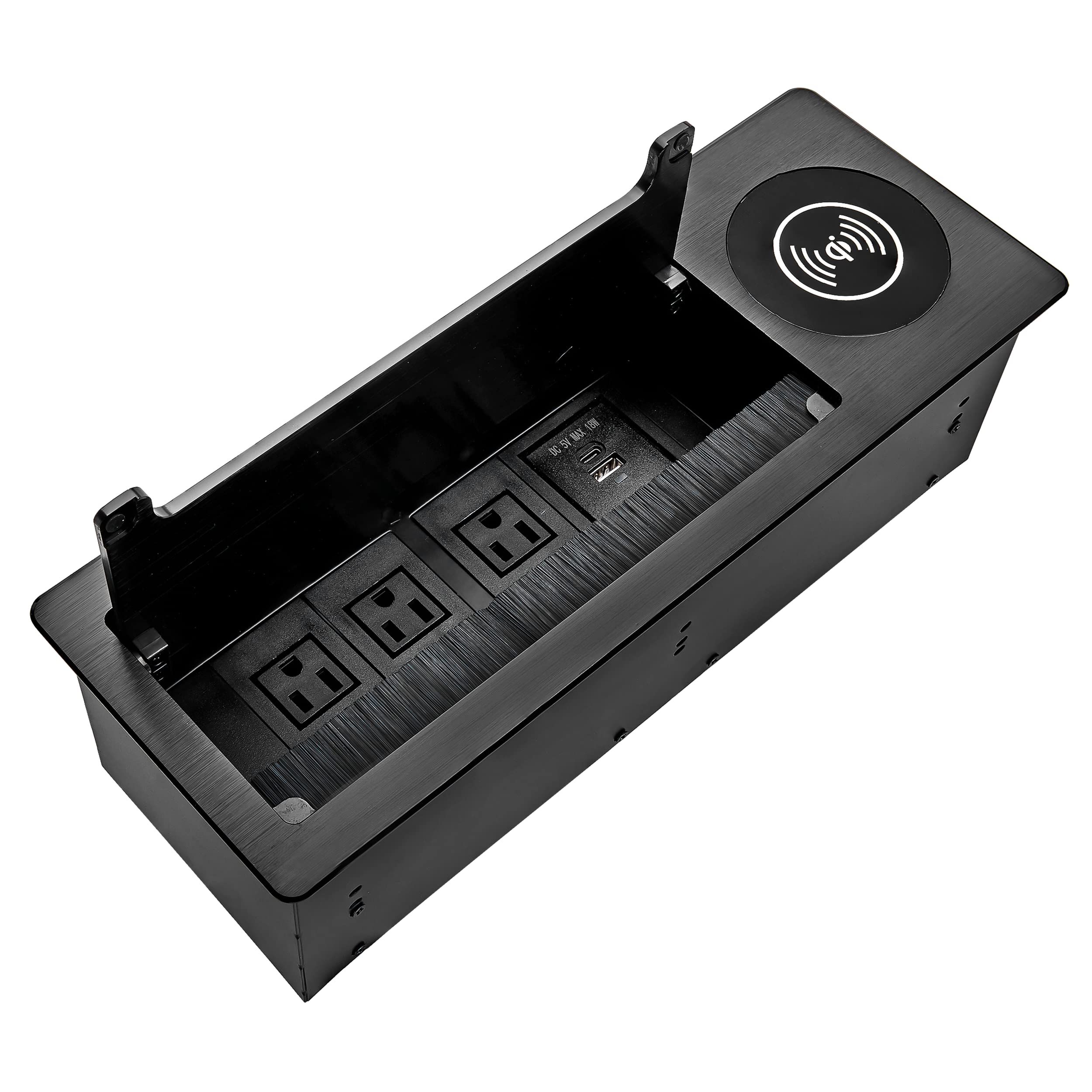 15W Fast Wireless Charger & 18W USB C Charger Embedded Desk Outlet - Conference Table Power Hub with 4.9ft Cord for Office & Home Workspaces (Brushed Black) | Ideal for Meetings, Remote Work & Home Office Setups