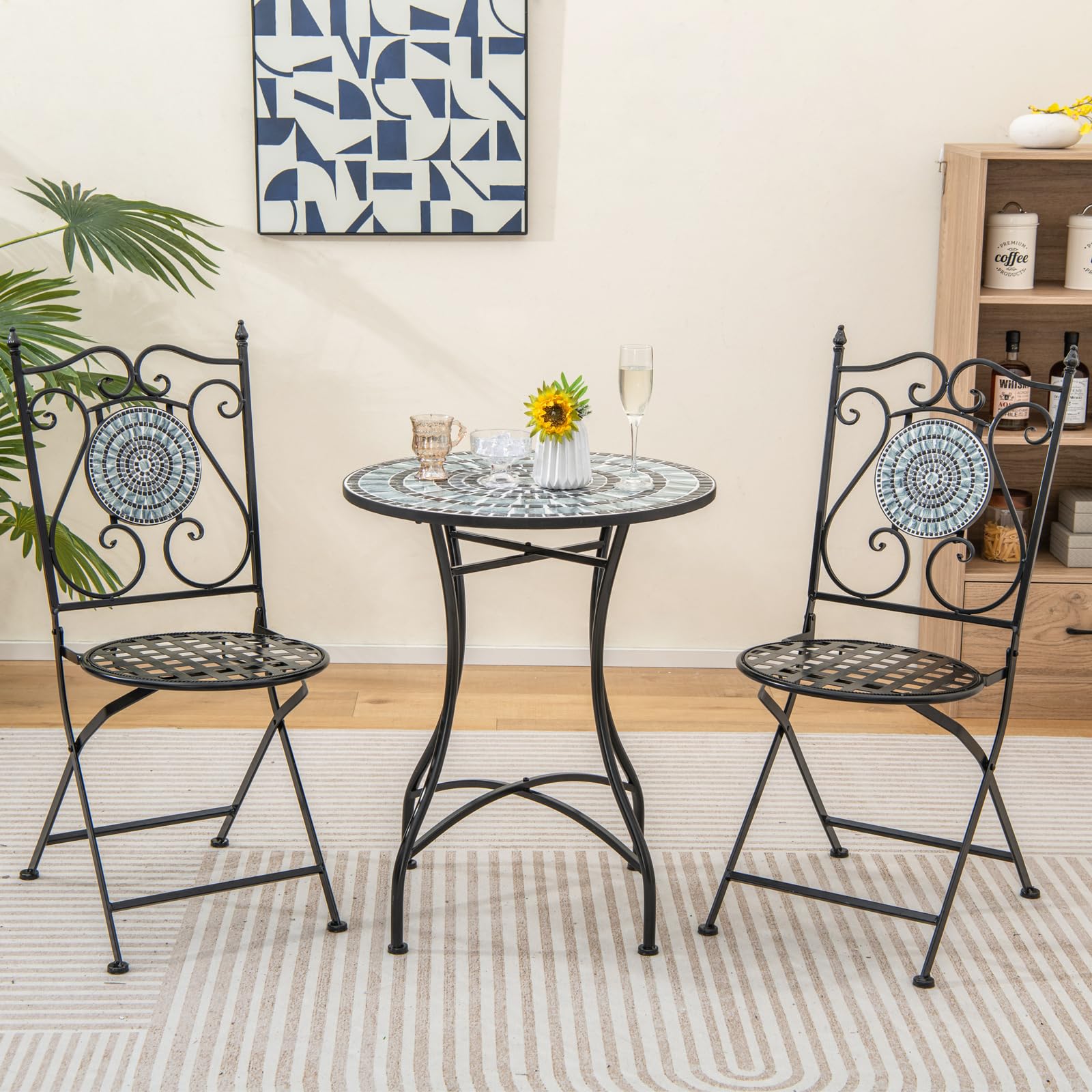 Giantex 3-Piece Bistro Table and Chairs Set - Round Mosaic Patio Dining Set with 2 Folding Chairs, Steel Frame Outdoor Furniture for Porch, Balcony, Garden - Perfect for Morning Coffee, Outdoor Dining & Small Space Entertaining