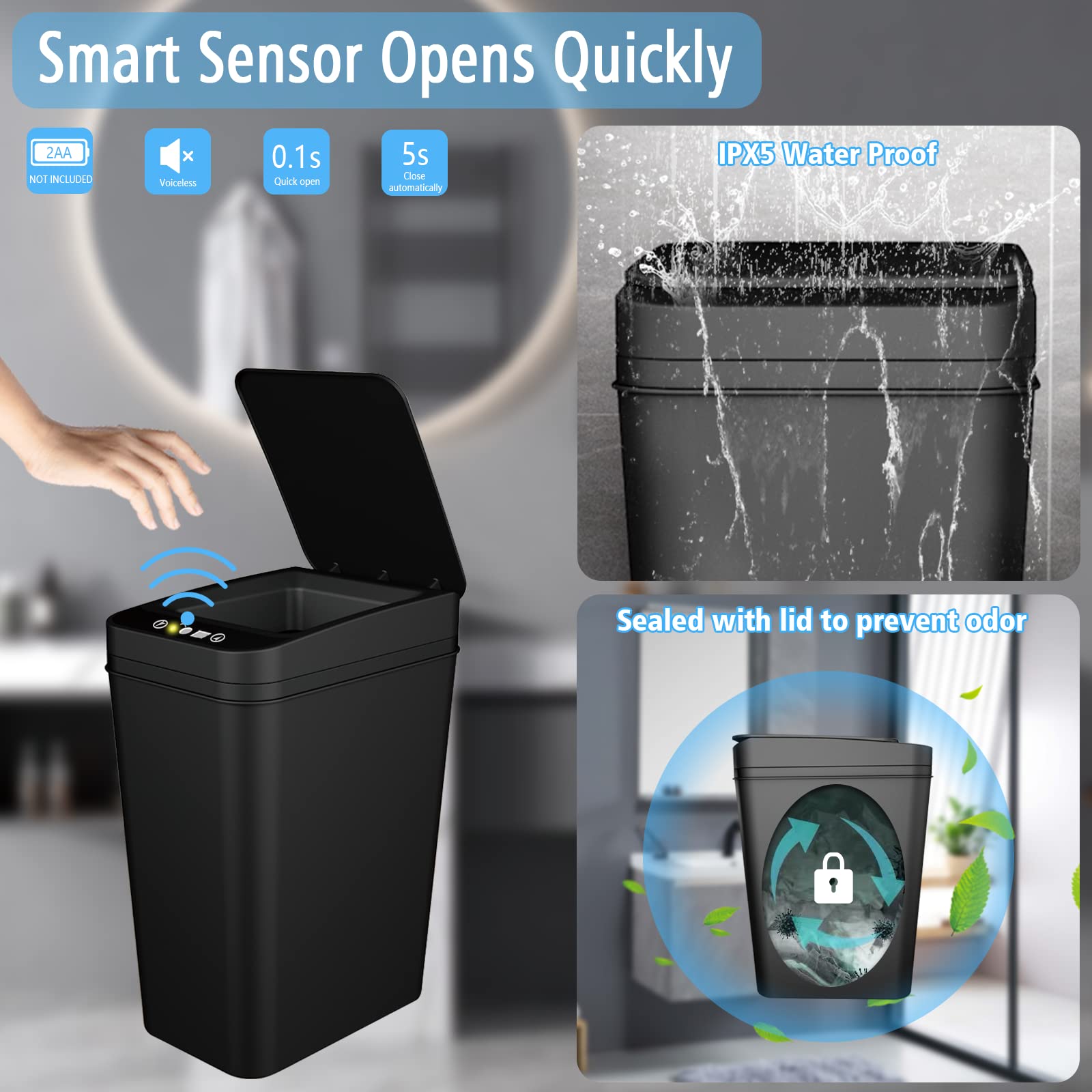 3-Pack Automatic Motion Sensor Trash Can with Lid - 2.6 Gallon Slim Waterproof Touchless Garbage Bin for Bathroom, Bedroom, Office & Living Room - Black | Perfect for Small Spaces, Home Decor & Hands-Free Waste Disposal