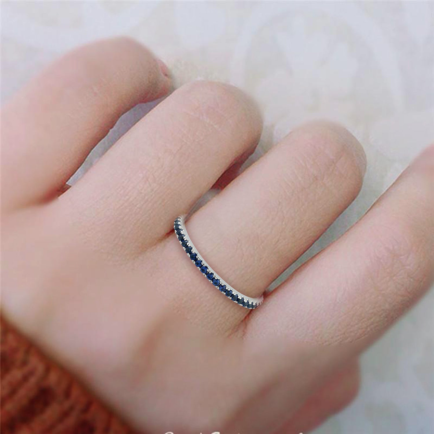 18K White Gold Blue Sapphire Gemstone Thin Band Ring for Women - Perfect for Weddings, Anniversaries & Everyday Elegance