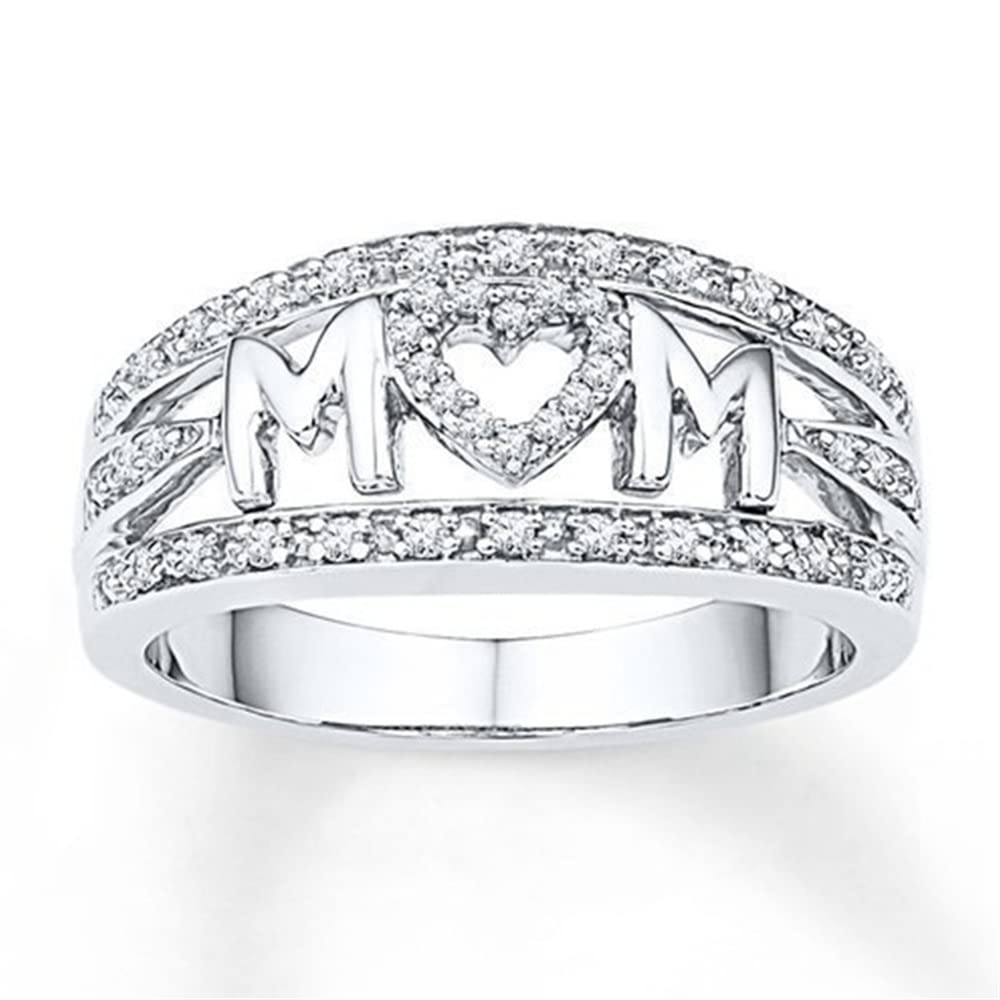 Ifuloves Women's White Gold Plated Rhinestone Heart Ring with MOM Letter - Elegant Diamond Jewelry for Mother's Day, Anniversary & Valentine's Day Gifts