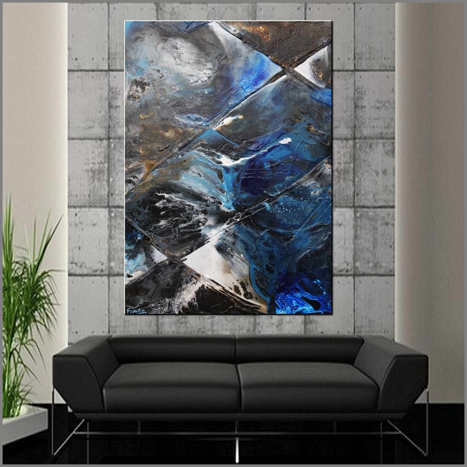 140cm x 100cm Black Blue Textured Abstract Canvas Art Painting - Modern Wall Decor for Living Room, Bedroom & Office | Ink Clash Design