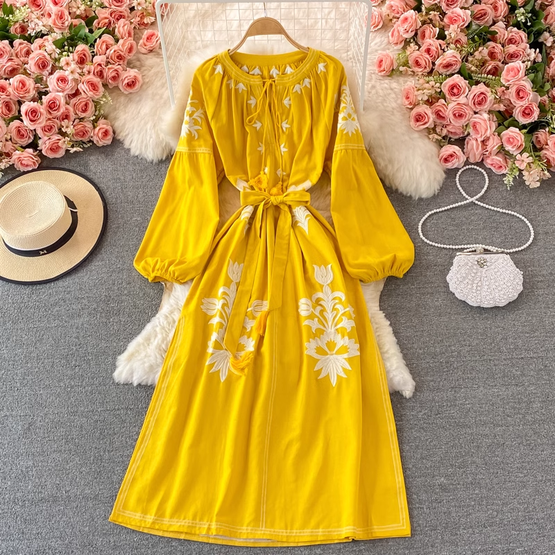 Bohemian Ethnic Embroidered Round Neck Loose Dress - Retro Floral Maxi Dress for Women | Perfect for Summer Festivals, Beach Vacations & Boho Chic Outfits
