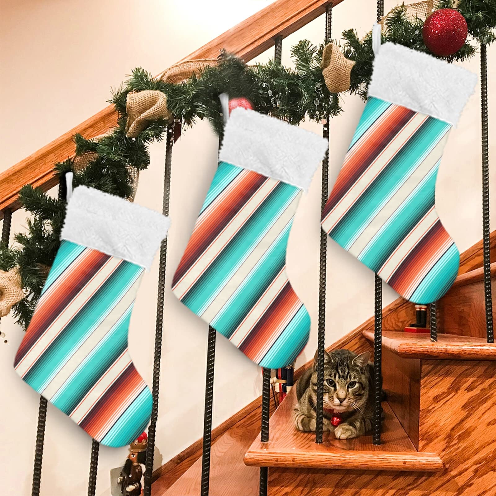 2 Pack Mexican Serape Striped Christmas Stockings - 17.7 Inch Large Fireplace Hanging Decorations for Holiday Gift Exchange & Festive Home Decor