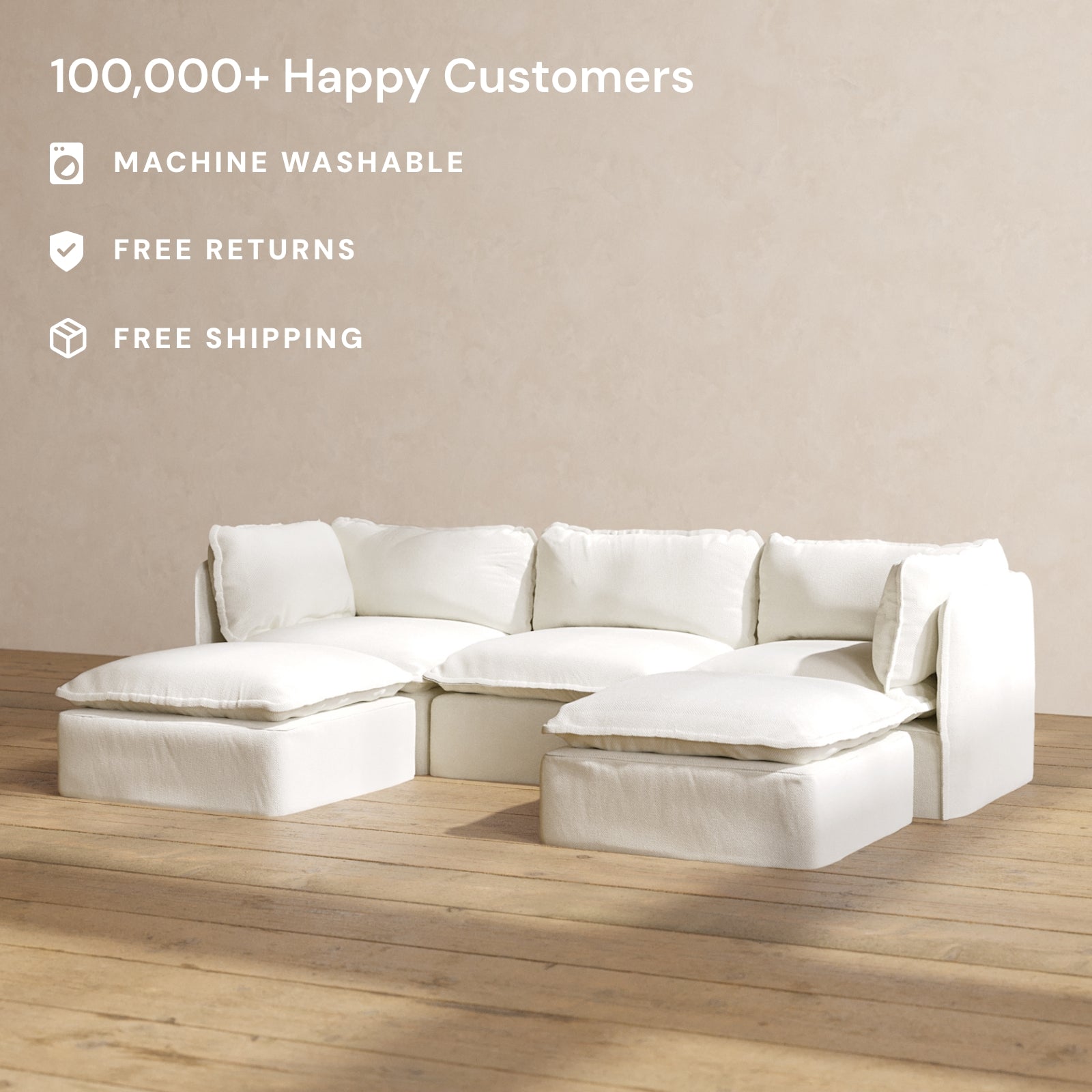 Modular Performance 3-Seater U-Shaped Sectional Sofa in Eggshell White | Premium Fabric Blend | Perfect for Living Rooms, Family Gatherings & Home Theater Setup