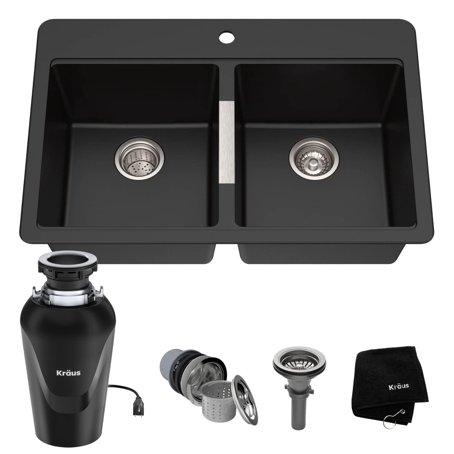KRAUS 33-Inch Black Onyx Granite Double Bowl Kitchen Sink - Top Mount & Undermount Installation with WasteGuard™ Garbage Disposal (Model KGD-433B-100-75MB) - Perfect for Modern Kitchens, Restaurant Prep Areas & Busy Households