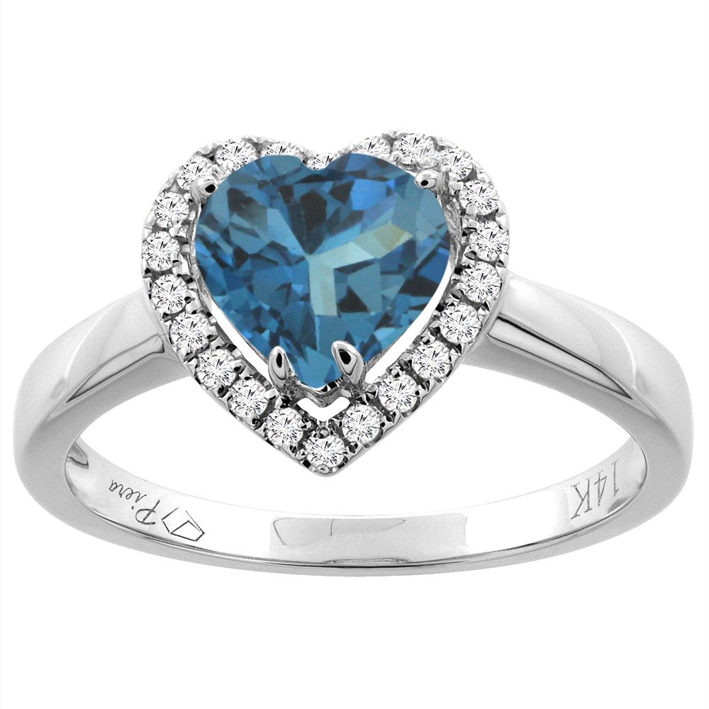 14K Gold Natural London Blue Topaz Halo Ring with 7x7mm Heart Cut & Diamond Accents - Sizes 5-10 | Elegant Engagement, Anniversary & Gift Jewelry for Women