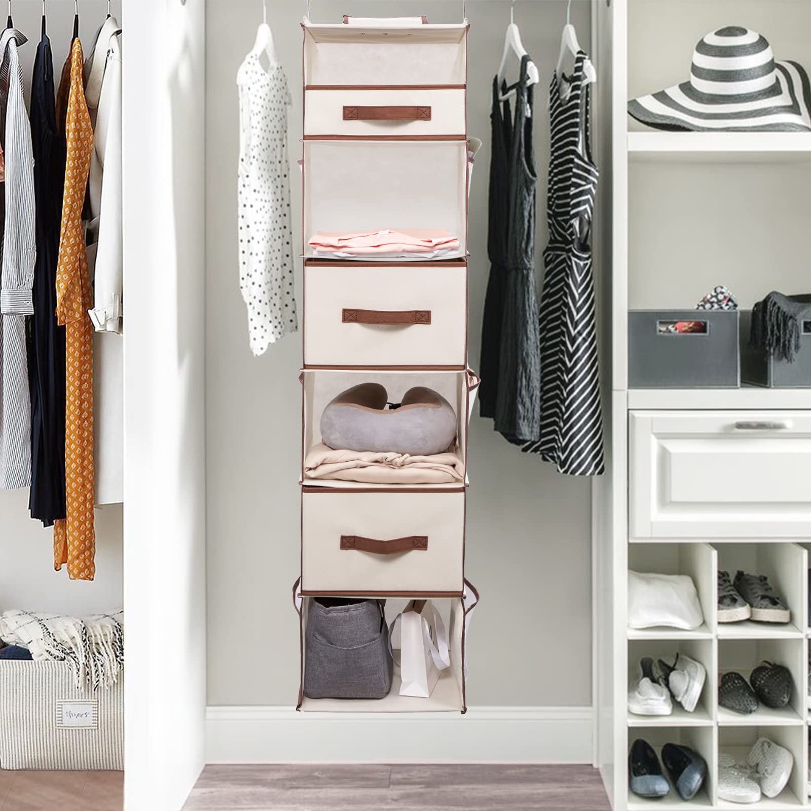 Vercord 6-Tier Foldable Hanging Closet Organizer with 2 Large Drawers, 1 Sock Drawer & 6 Mesh Pockets - Space Saving Clothes Storage for Bedroom, Dorm, Apartment Organization