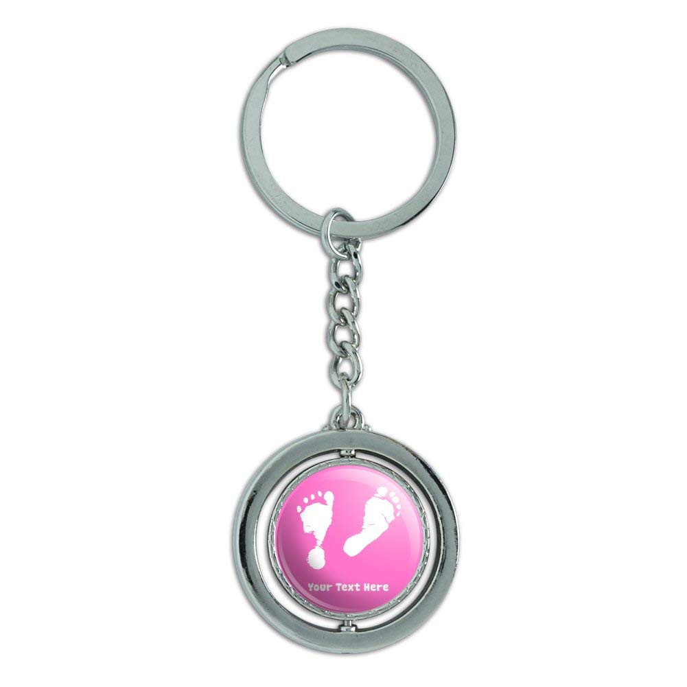 Custom Engraved Baby Feet Keychain - Personalized 1 Line Text, Spinning Round Chrome Plated Metal Gift for Baby Shower, Christening & New Parents (Pink) - Perfect for Keepsakes, Baby Announcements & Special Occasions