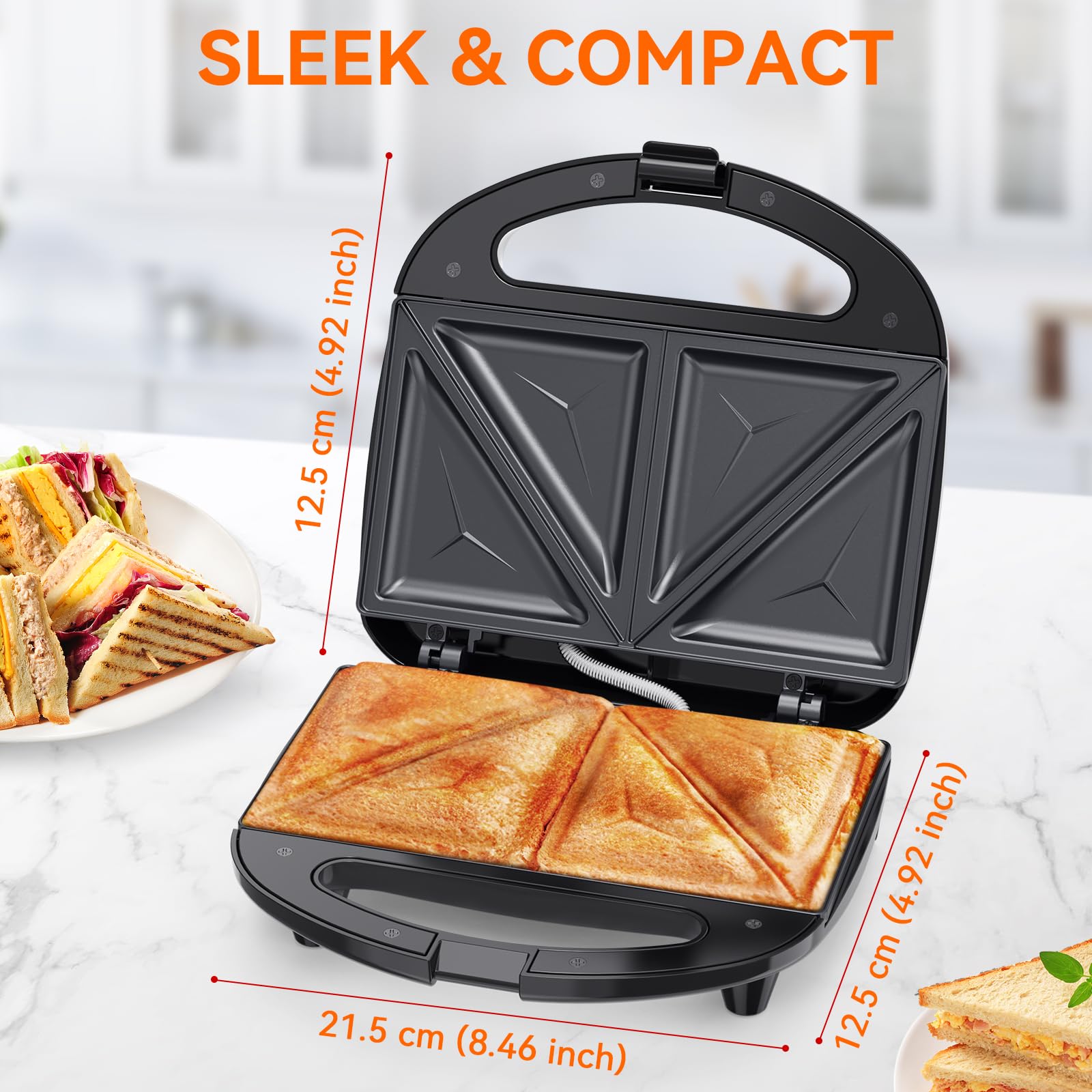 ABS07 Triangle Sandwich Maker - 2 Slice Non-Stick Grilled Cheese Press with Indicator Lights, Cool Touch Handle & Easy Clean Design (750W) - Perfect for Breakfast, Snacks & Quick Meals at Home/Office
