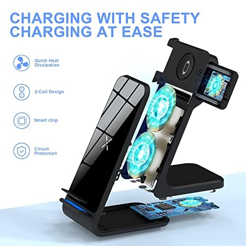 3-in-1 Fast Wireless Charging Station Stand for iPhone 15/14/13/12/Pro/Max, Samsung Galaxy S23/S22/S21/Note, AirPods - Qi Certified Charger Pad for Home, Office & Nightstand (Black)