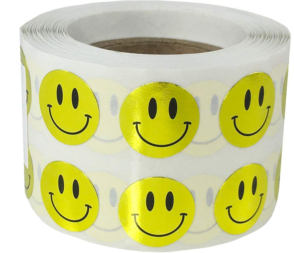 1/2 Inch Small Metallic Gold Happy Face Stickers - 1,000 Adhesive Labels on a Roll - Perfect for Kids Classroom Rewards, Motivational Charts & Teacher Supplies - Great for School Projects, Behavior Charts & DIY Crafts
