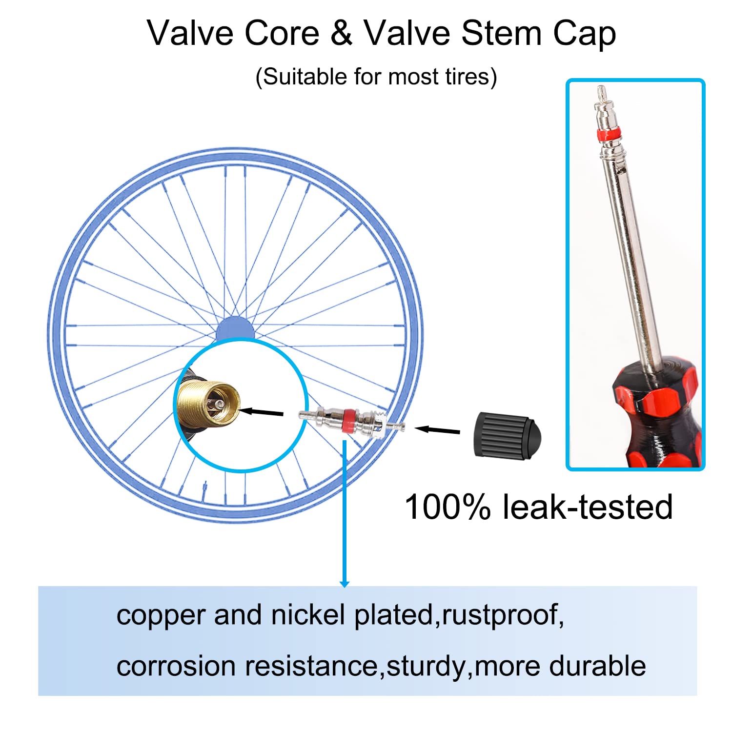 64PCS Tire Valve Stem Removal Tool Kit - 40PCS Valve Cores, 20PCS Caps, 4-Way Valve Tool & Dual Head Remover for Car, Bike, Motorcycle Tire Repair & Maintenance