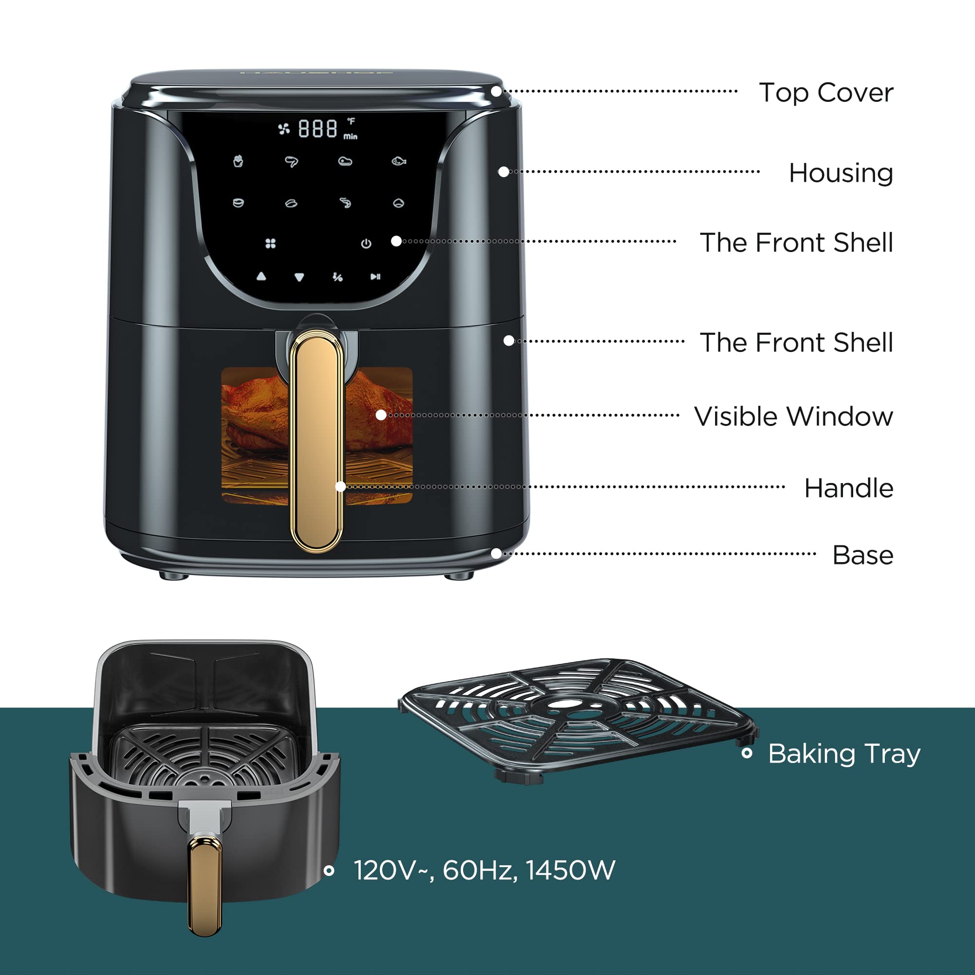 HAUSHOF 5.8 QT Digital Air Fryer Oven - Oil-Free Cooker with 8 Preset Functions for Roasting, Baking, Reheating & Fast Cooking | Includes Nonstick Tray | Perfect for Small Kitchens, Dorms & Healthy Meal Prep (Black)