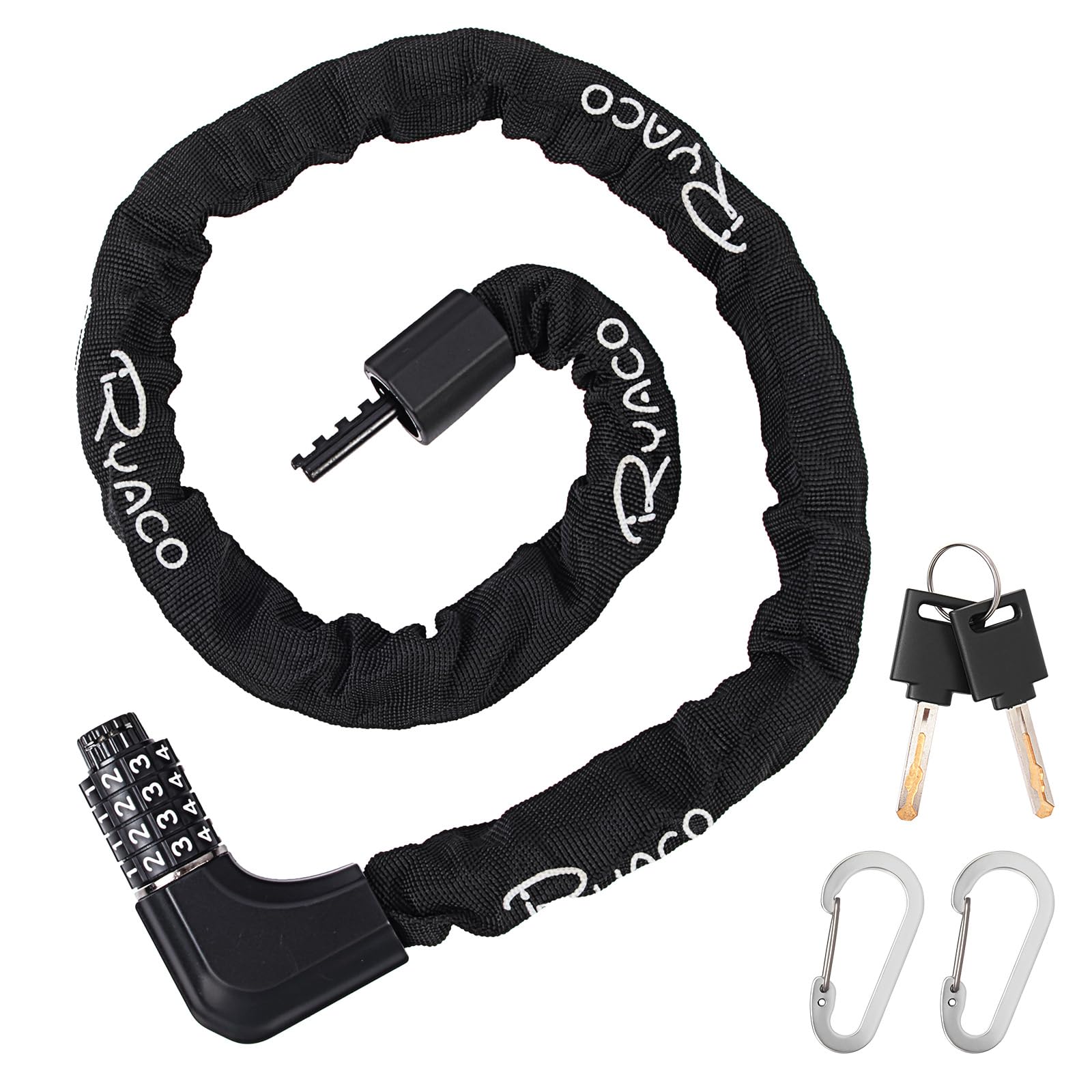 RYACO Heavy Duty 4-Digit Combination Bike Chain Lock - Anti-Theft Bicycle Lock with 2 Keys & Carabiner (3.2Ft) - Secure Bikes, Motorcycles, Scooters & Gates - Perfect for Urban Commuting & Outdoor Adventures