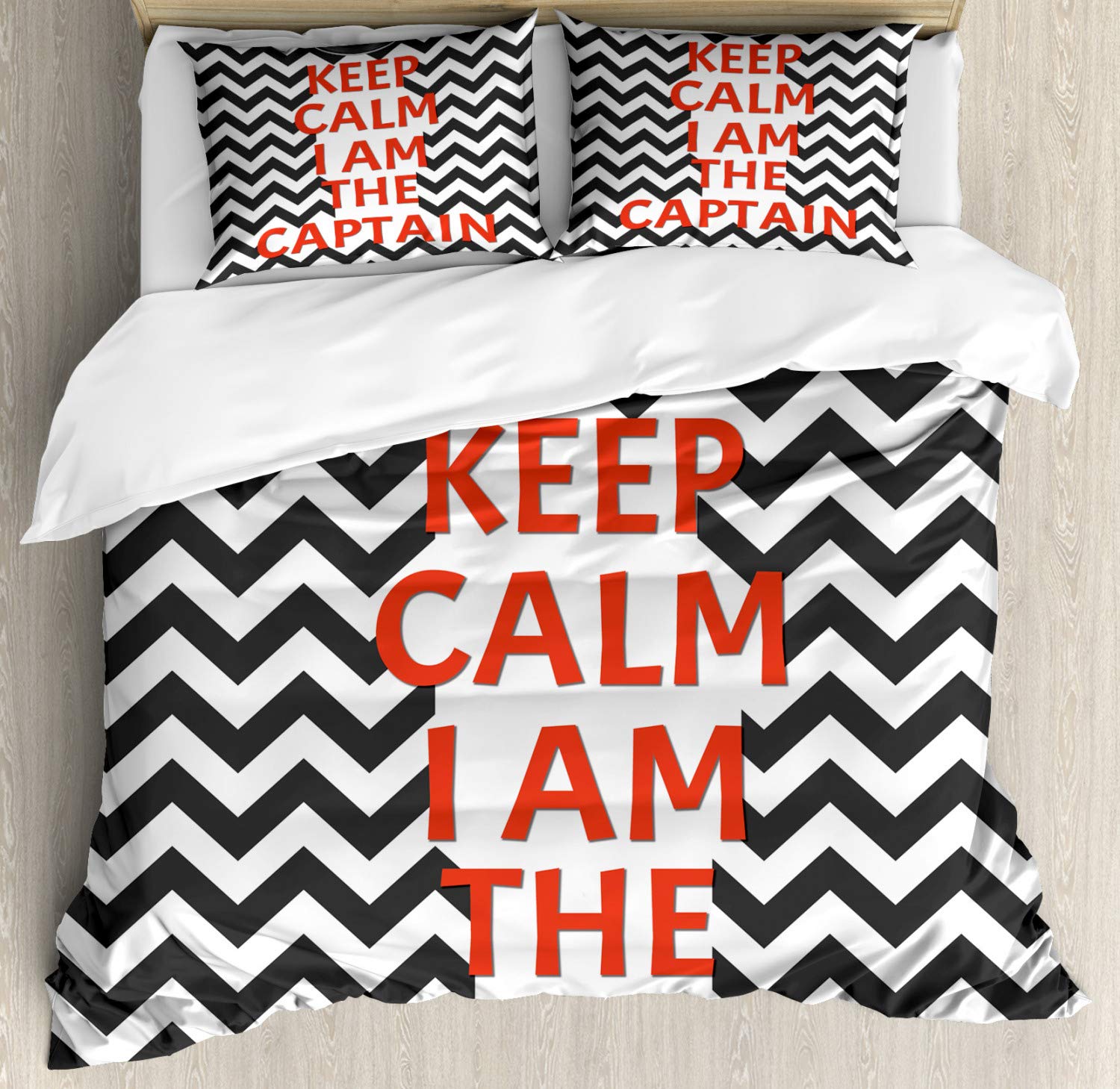 Ambesonne Marine Duvet Cover Set 3-Piece - Keep Calm I'm The Captain Chevron Design, California King Size, Coral Grey & White - Perfect for Nautical Themed Bedrooms & Beach House Decor