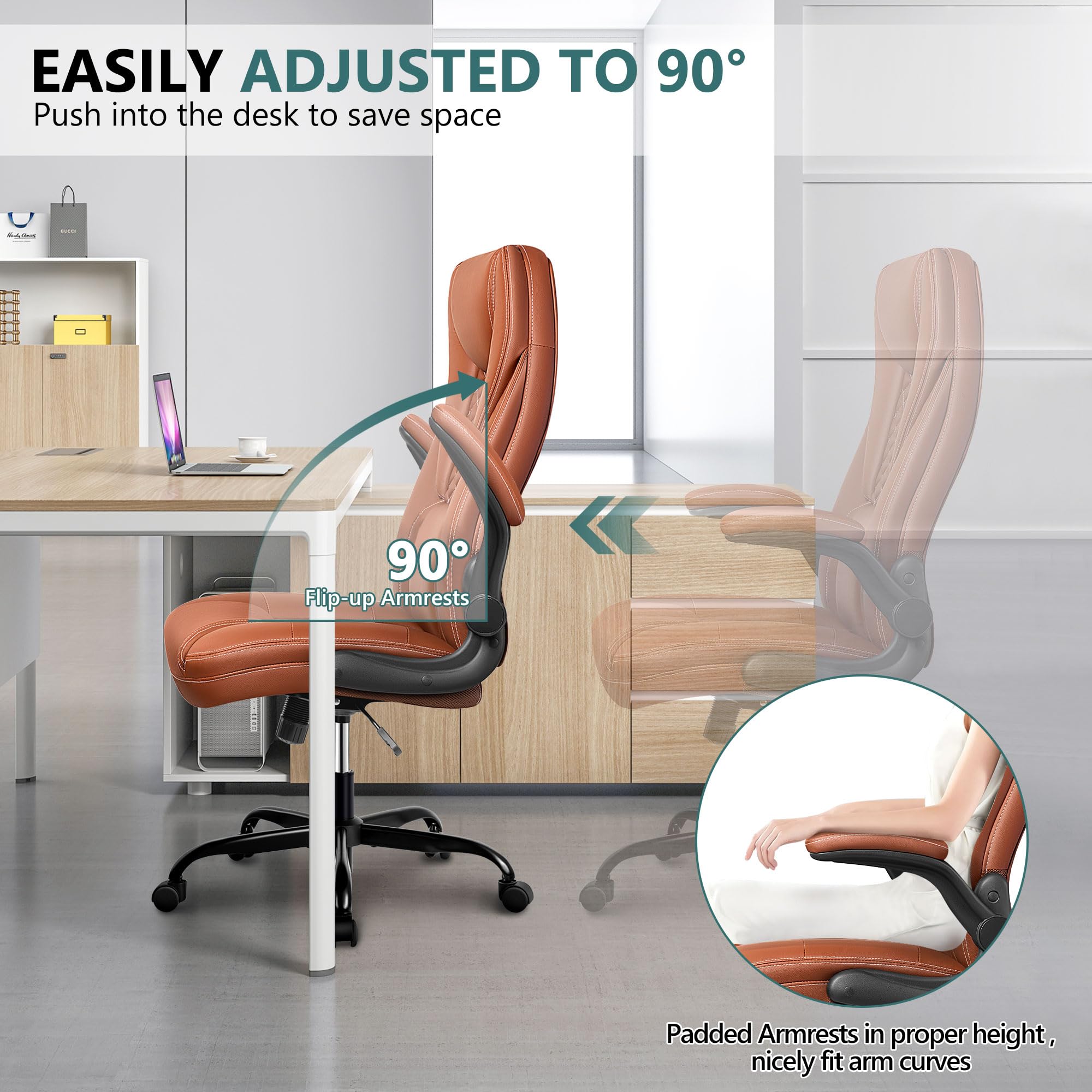 Premium Big and Tall Executive Office Chair - Ergonomic Leather High Back Chair with Lumbar Support & Adjustable Flip-Up Arms - Home Office Desk Computer Chair (Brown) - Perfect for Long Work Hours & Gaming Sessions