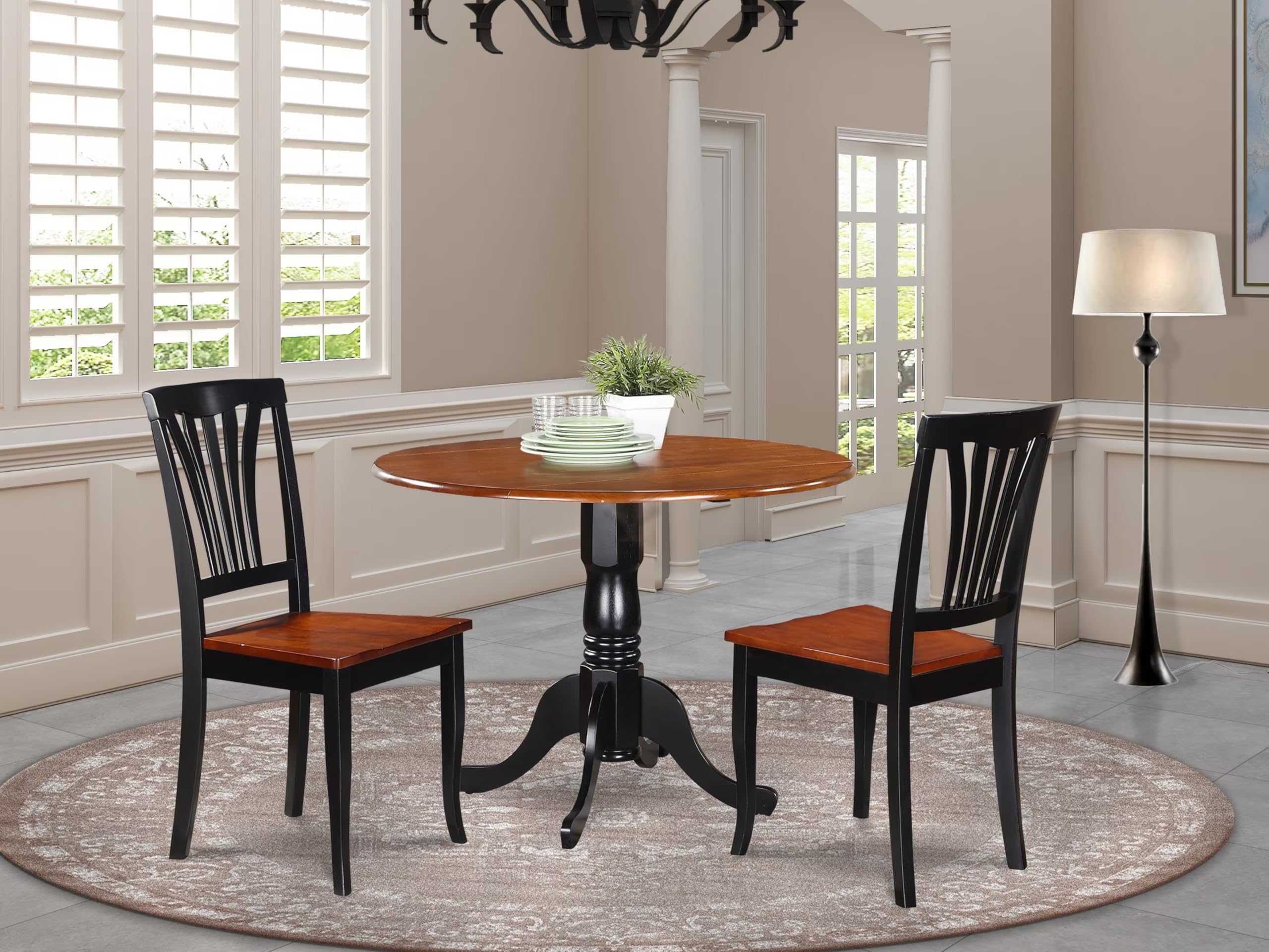 East West Furniture DLAV3-BCH-W 3-Piece Round Dining Table Set with Drop Leaf & 2 Chairs, 42x42 Inch, Black Cherry Finish – Perfect for Small Kitchens, Breakfast Nooks & Compact Dining Spaces