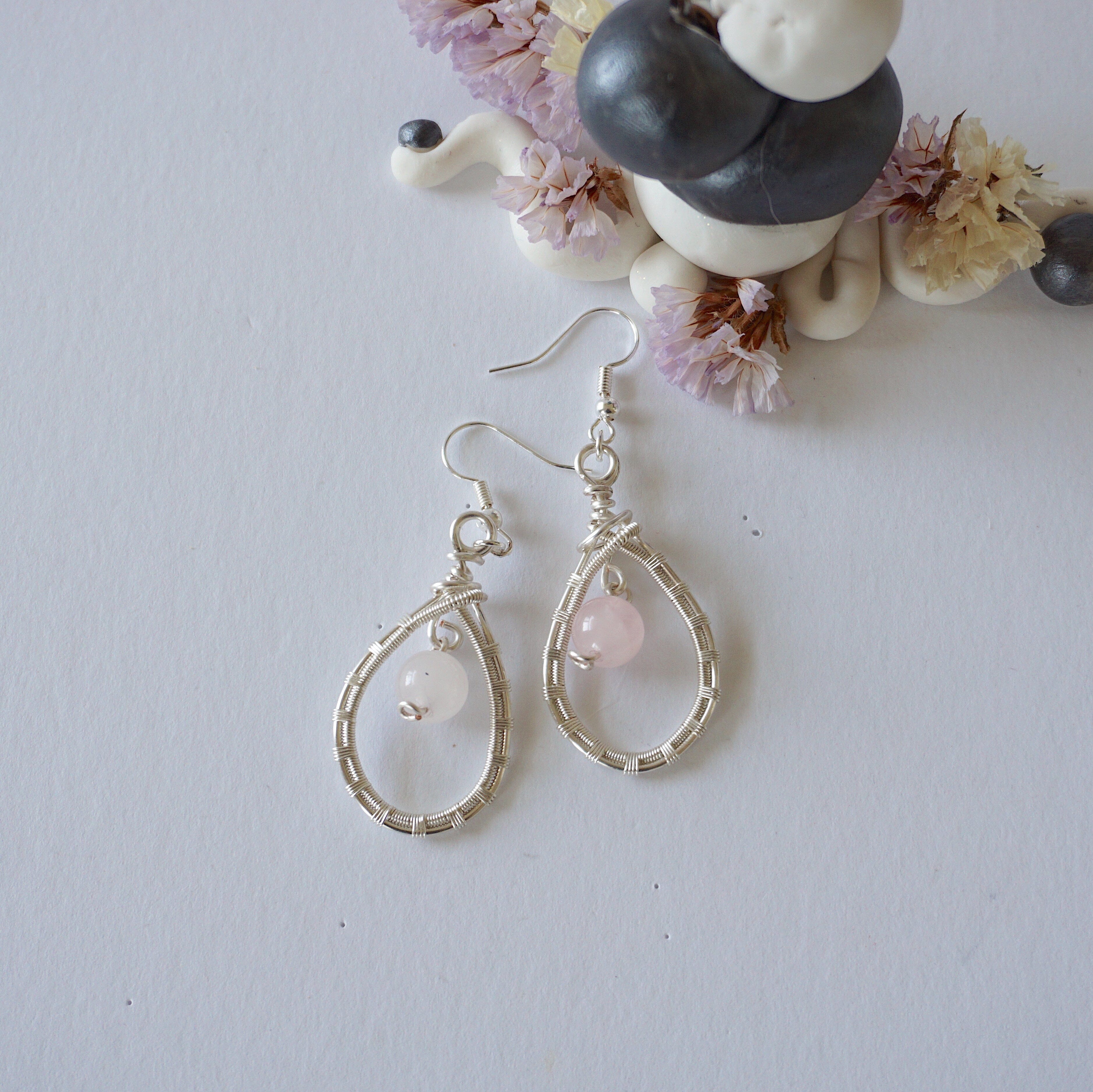 Rose Quartz Round Wire Earrings - Silver Plated Dangle Earrings for Women, Healing Crystal Jewelry Gift for Her | Boho Chic, Meditation, Yoga, Everyday Wear