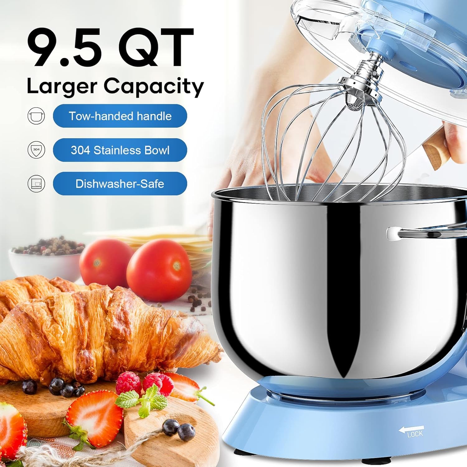 Vezzio 660W 10-Speed Tilt-Head Stand Mixer with 9.5 Qt Stainless Steel Bowl - Dishwasher Safe Attachments - Powerful Electric Kitchen Mixer for Baking, Dough, Whipping - Perfect for Home Bakers & Cooking Enthusiasts (Blue)