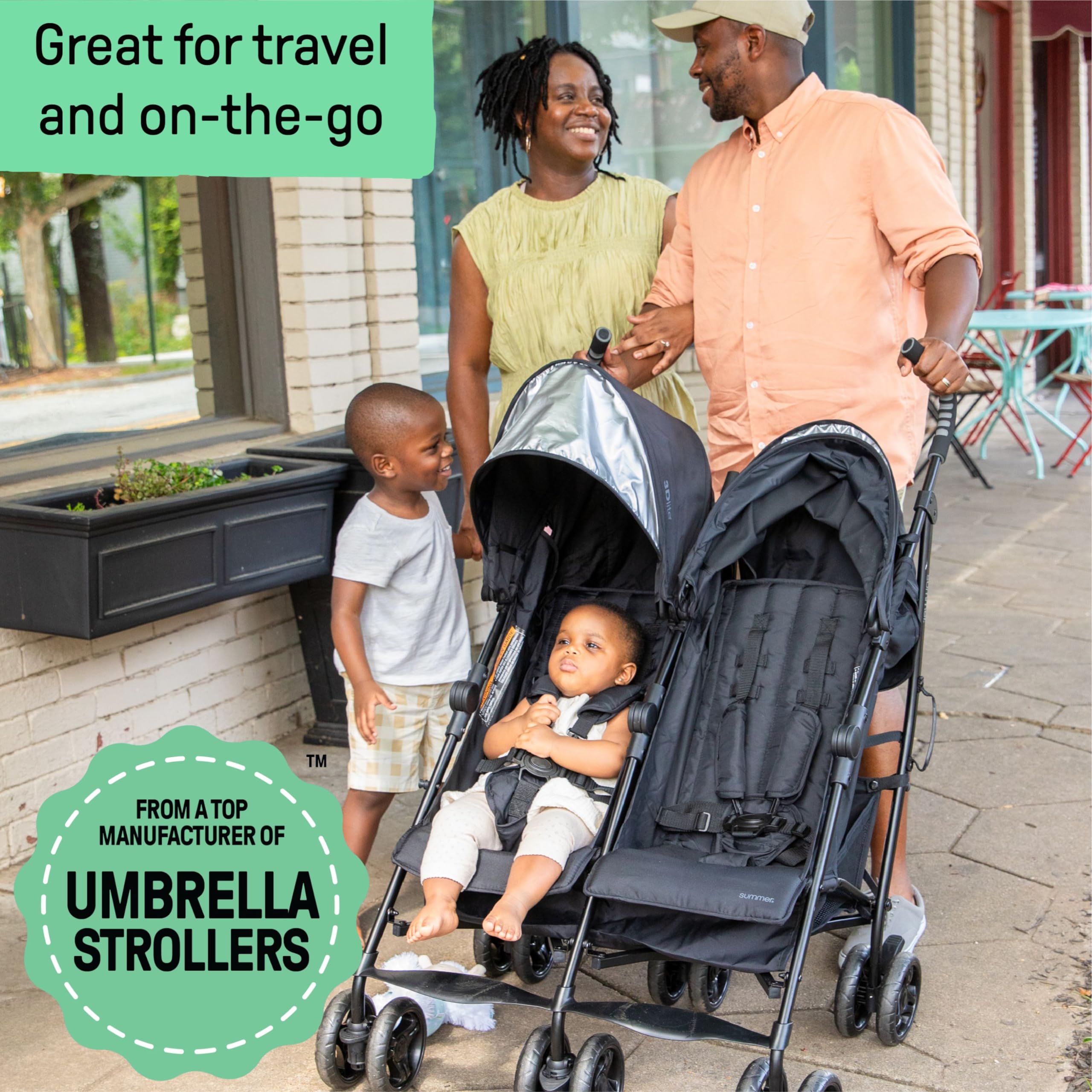Summer Infant 3Dlite Compact Side by Side Double Stroller - Lightweight Foldable Baby Stroller with 5-Point Safety Harness for Twins or Siblings (Black) | Perfect for Travel, Shopping & Daily Walks with Two Kids