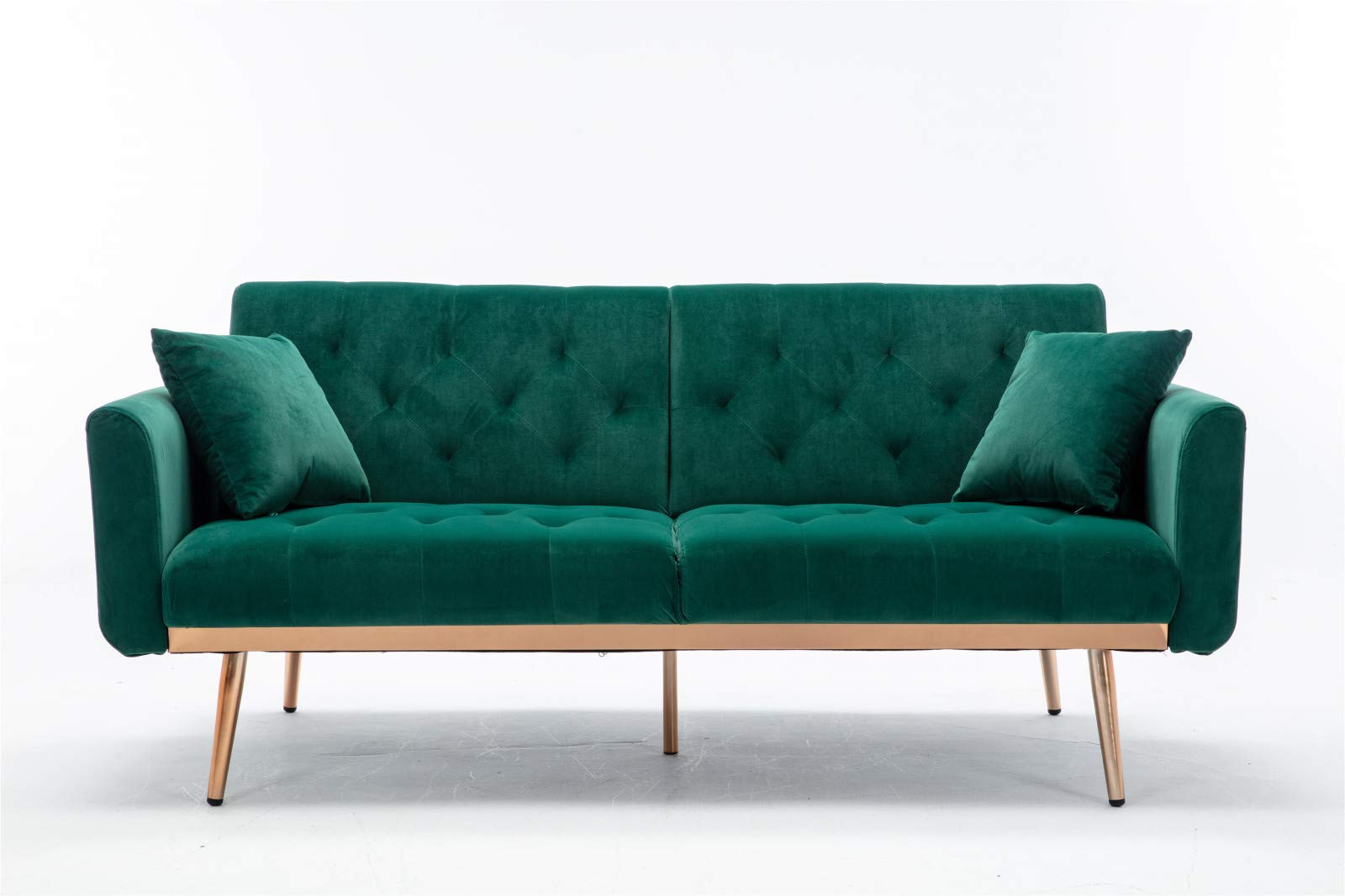 Velvet Futon Sofa Bed - Convertible Sleeper Sofa with 5 Golden Metal Legs & 2 Pillows - Modern Accent Loveseat Recliner for Living Room, Bedroom, Guest Room - Perfect for Small Spaces & Studio Apartments (Green)