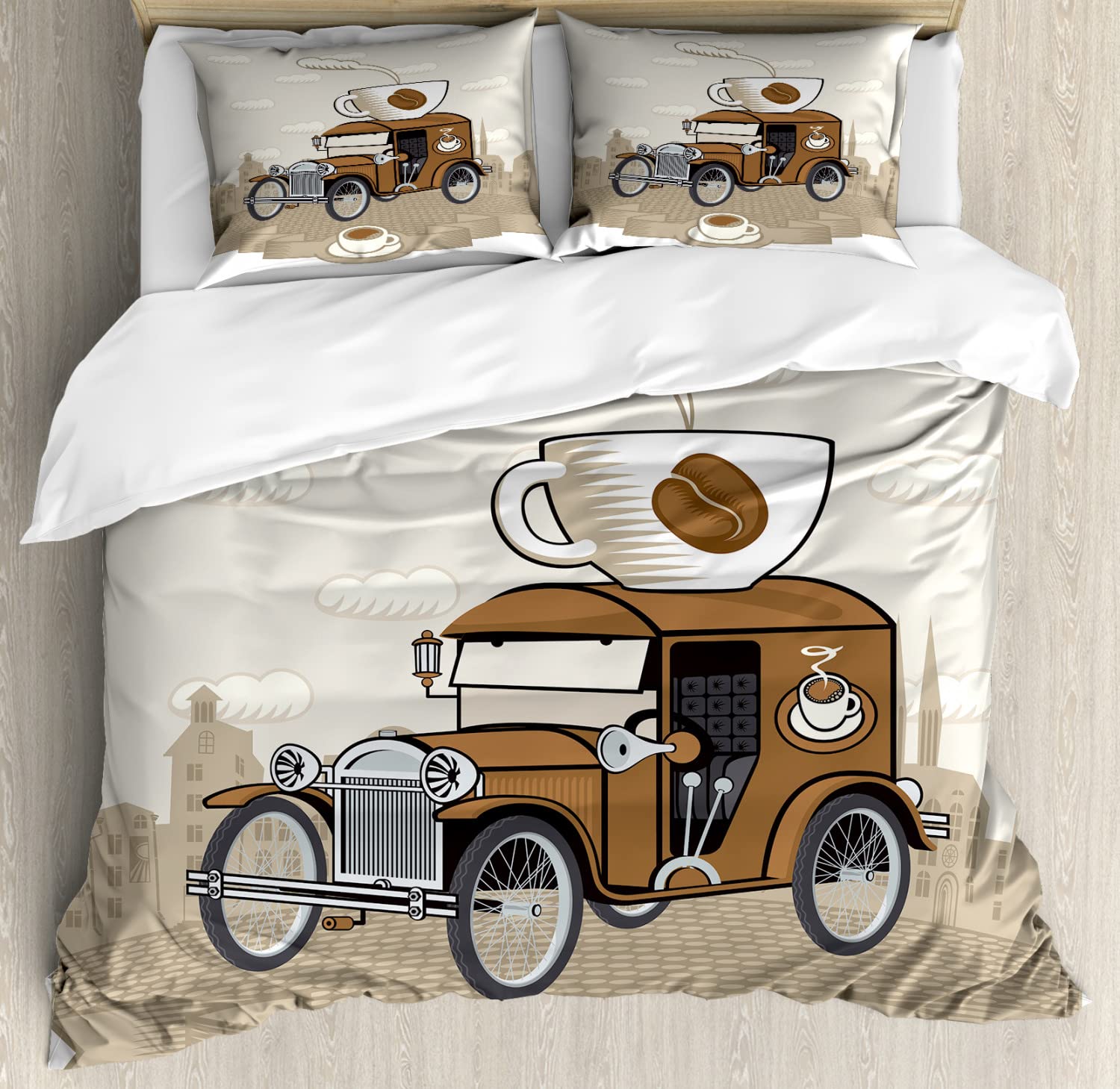 Ambesonne Vintage Cars Duvet Cover Set - Old Fashioned Car with Coffee Cup Design, Caffeine Beverage Theme, 2-Piece King Size Bedding Set with 4 Pillowcases (Caramel Cocoa White) - Perfect for Car Enthusiasts & Coffee Lovers Bedroom Decor