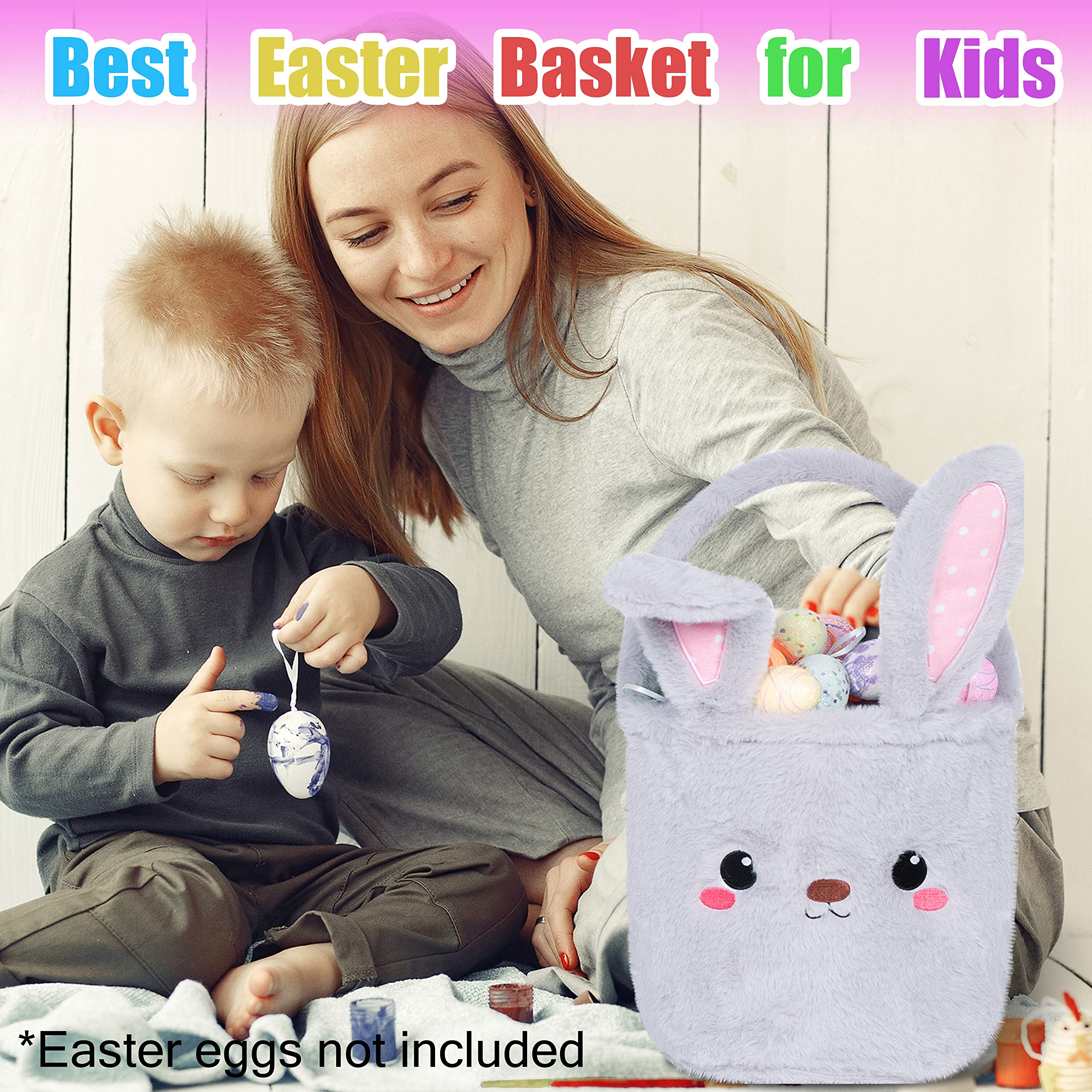 Easter Bunny Basket for Kids - Cute Grey Plush Foldable Ears Egg Hunt Tote with Handle - 9×9 Inch Candy Storage Bag for Boys Girls Teens - Perfect for Easter Decorations, Egg Hunts & Holiday Gift Giving