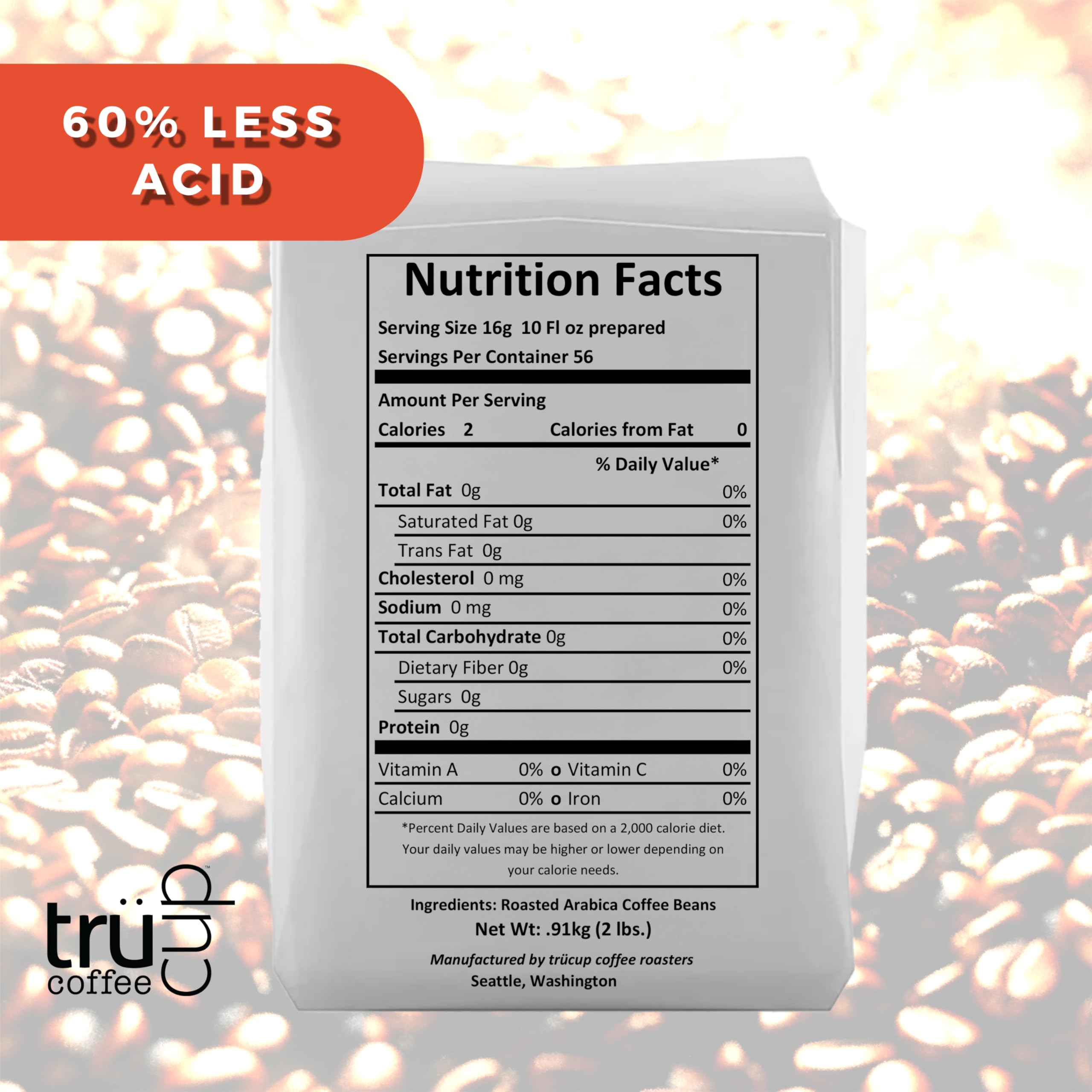 Trücup Low Acid Coffee - French Roast Ground Coffee (32oz), 60% Less Acid with Natural Water & Steam Process, Smooth Stomach-Friendly Flavor, Rich in Antioxidants - Perfect for Sensitive Stomachs & Morning Brewing