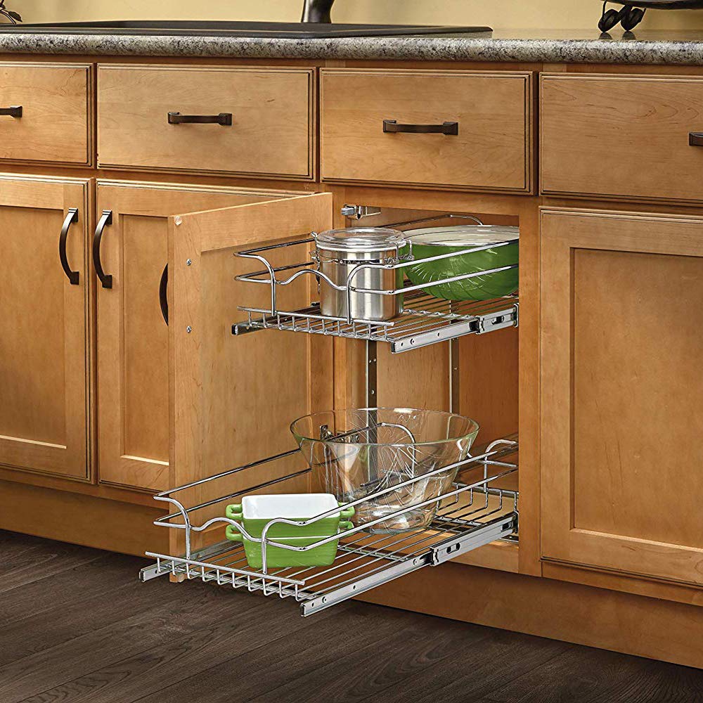 Rev-A-Shelf 15x22 Inch Chrome 2-Tier Pull Out Wire Basket Organizer for Kitchen Cabinets - Space Saving Storage Solution for Pots, Pans & Utensils