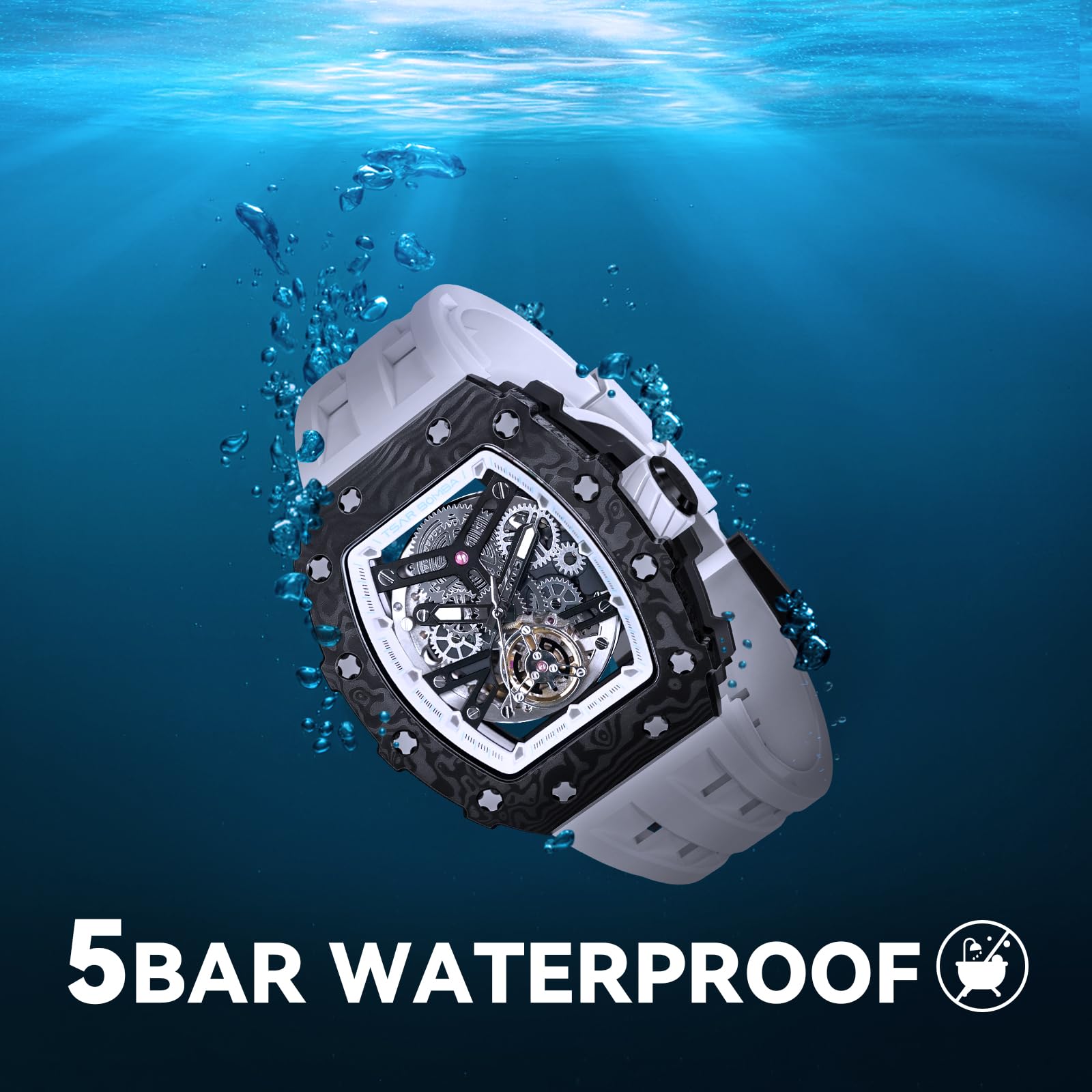 TSAR BOMBA Men's Luxury Automatic Skeleton Watch - Mechanical Tonneau Square Big Face Dial with Silicone Strap - 50M Waterproof Analog Wristwatch for Business, Casual & Formal Occasions