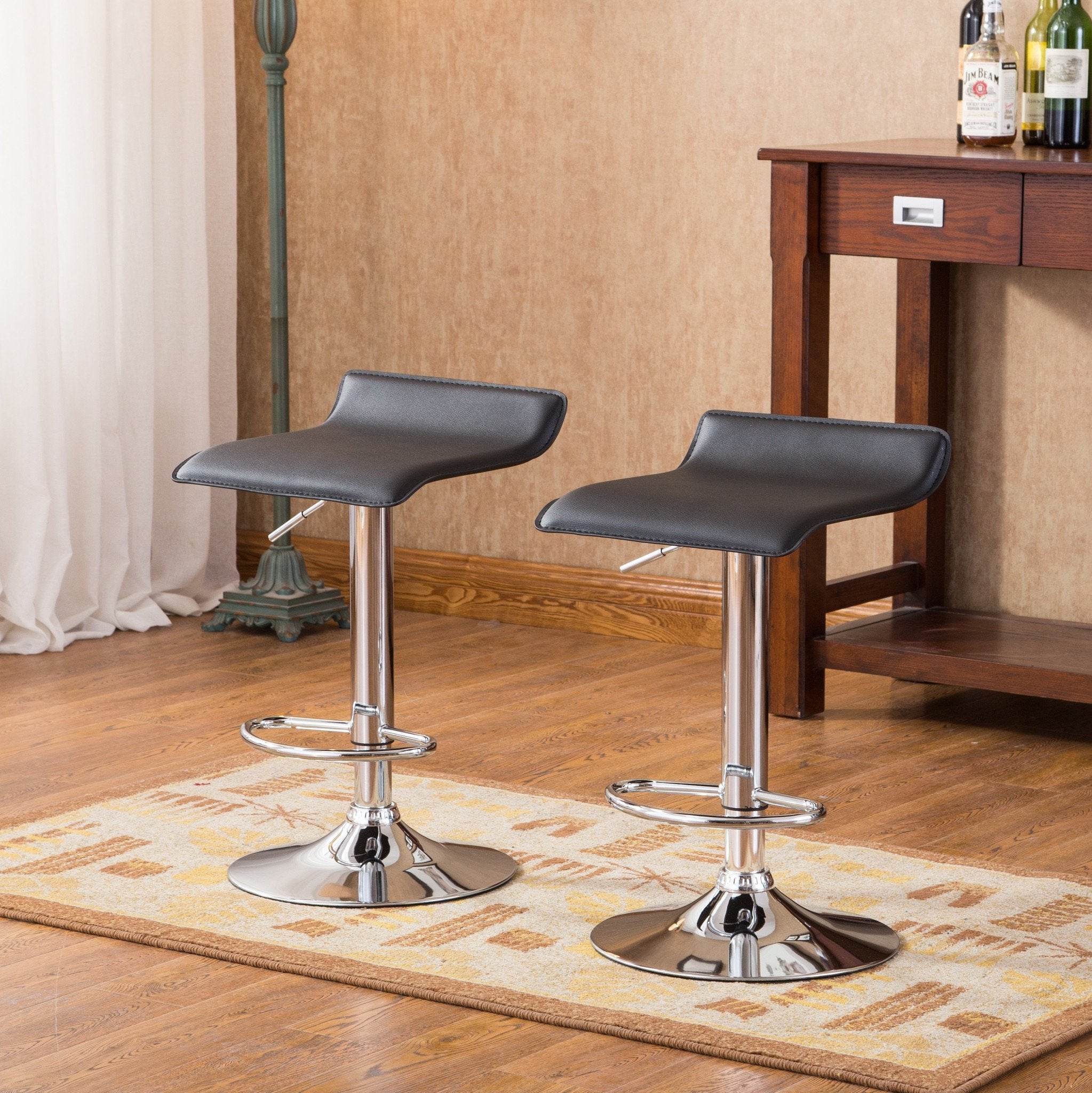 Roundhill Furniture Contemporary Chrome Air Lift Adjustable Swivel Bar Stools with Black PU Seat, Set of 2 - Perfect for Kitchen Island, Breakfast Bar, and Home Office