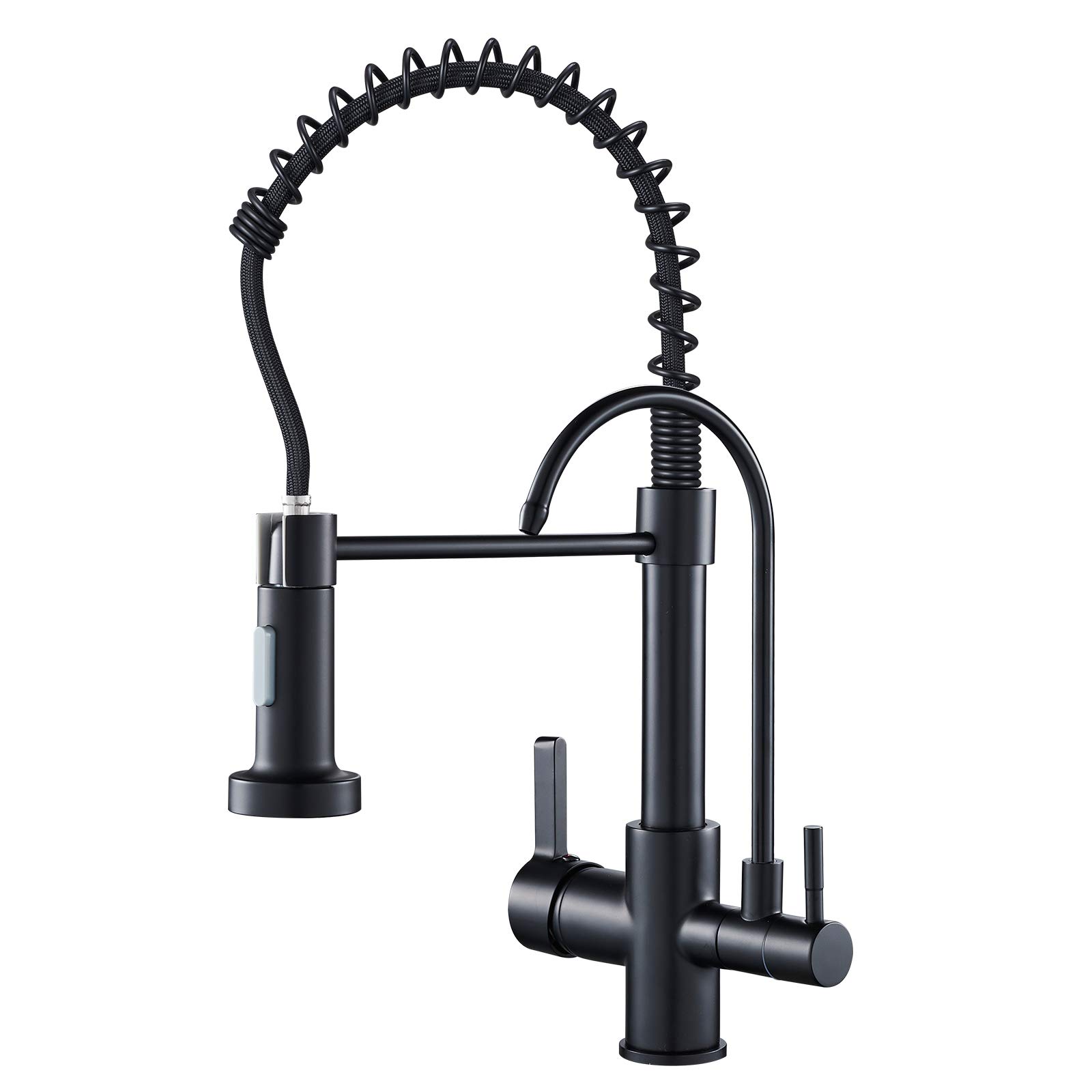 Premium Matte Black Brass Kitchen Faucet - High Arc 3-in-1 Pull Down Sprayer with RO Water Filter System | Commercial Grade for Modern Home & Restaurant Use