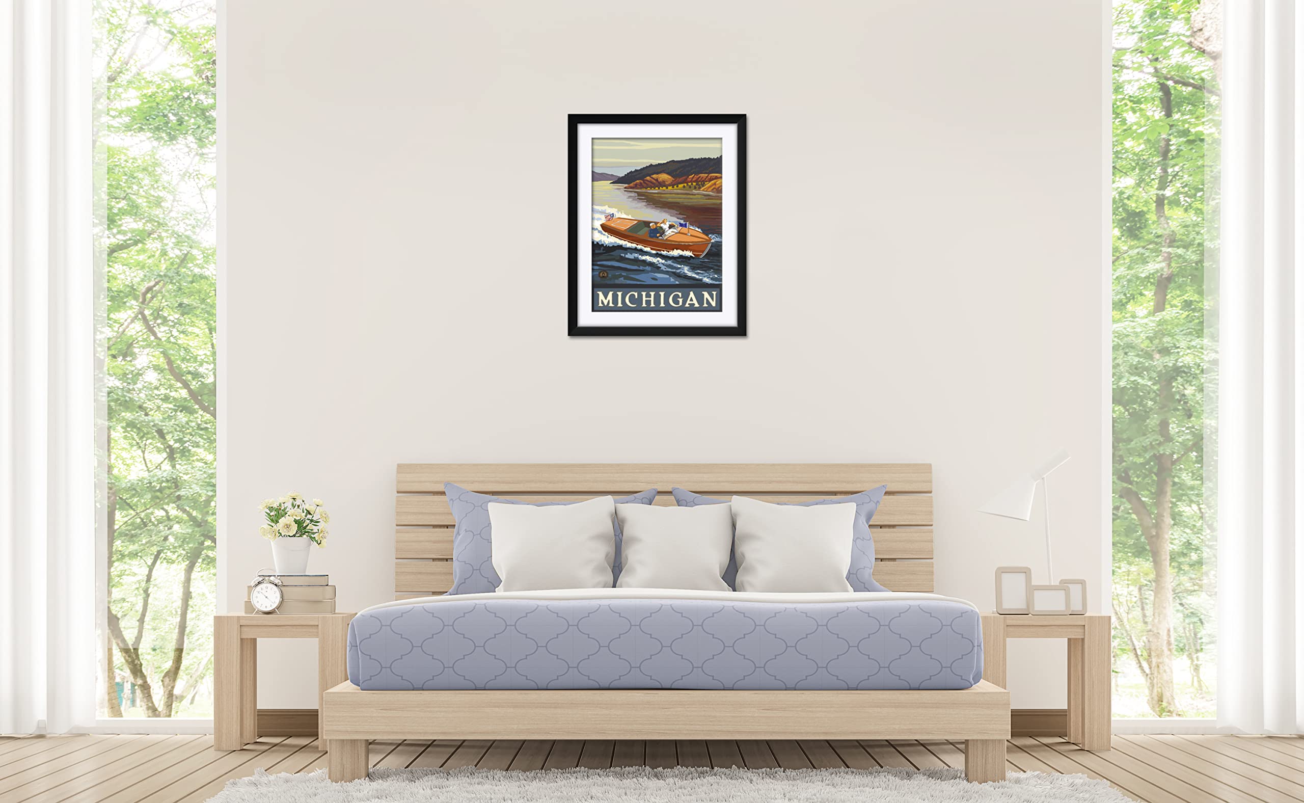 Michigan Wooden Boat Lake Framed Art Print 24x30 Inches - Paul A. Lanquist Travel Artwork - Professional Matted Wall Decor for Living Room, Office & Lake House