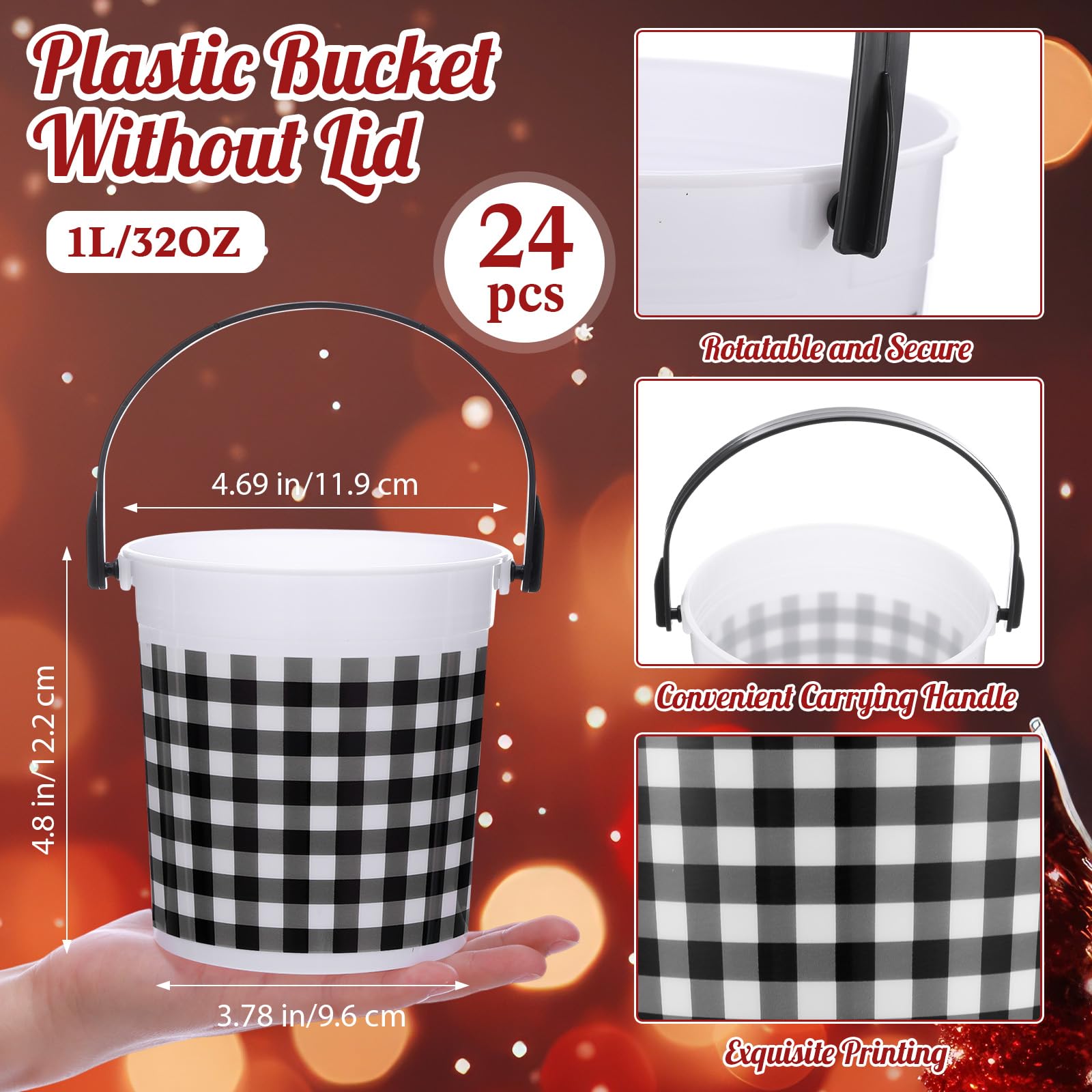 24-Piece Set of 32 oz Plastic Buckets with Handles - Durable Grid Design for Home, Kitchen, Party Decor | Perfect for Candy Storage, Flower Vases, Toy Baskets & Winter Holiday Celebrations