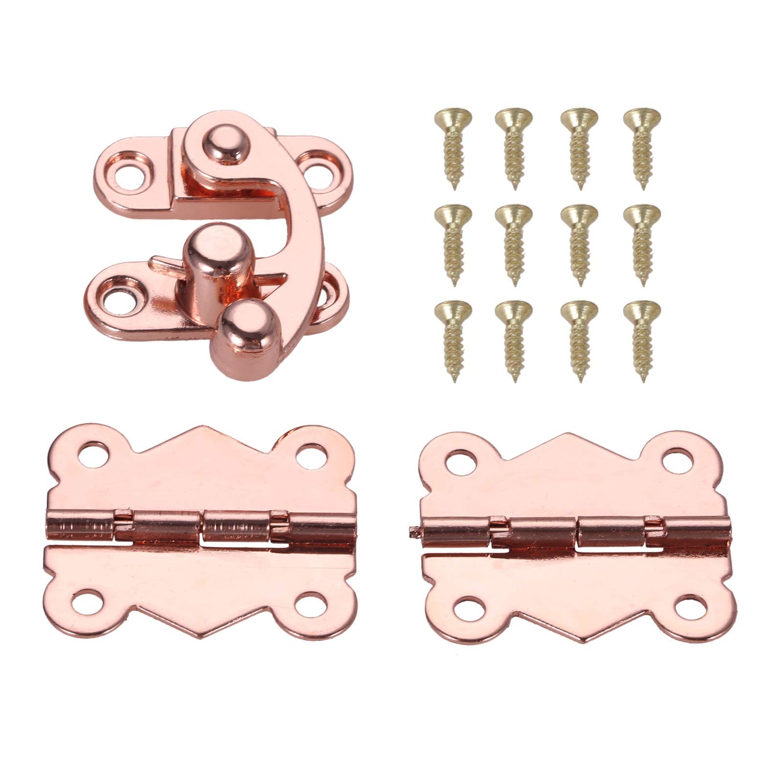 3-Piece Rose Gold Cabinet Hinges Set - Decorative Drawer Hinges with Wooden Box Buckle Hasp Latch Lock for Furniture Hardware - Perfect for Home Decor, Wardrobe, Kitchen Cabinets & DIY Projects