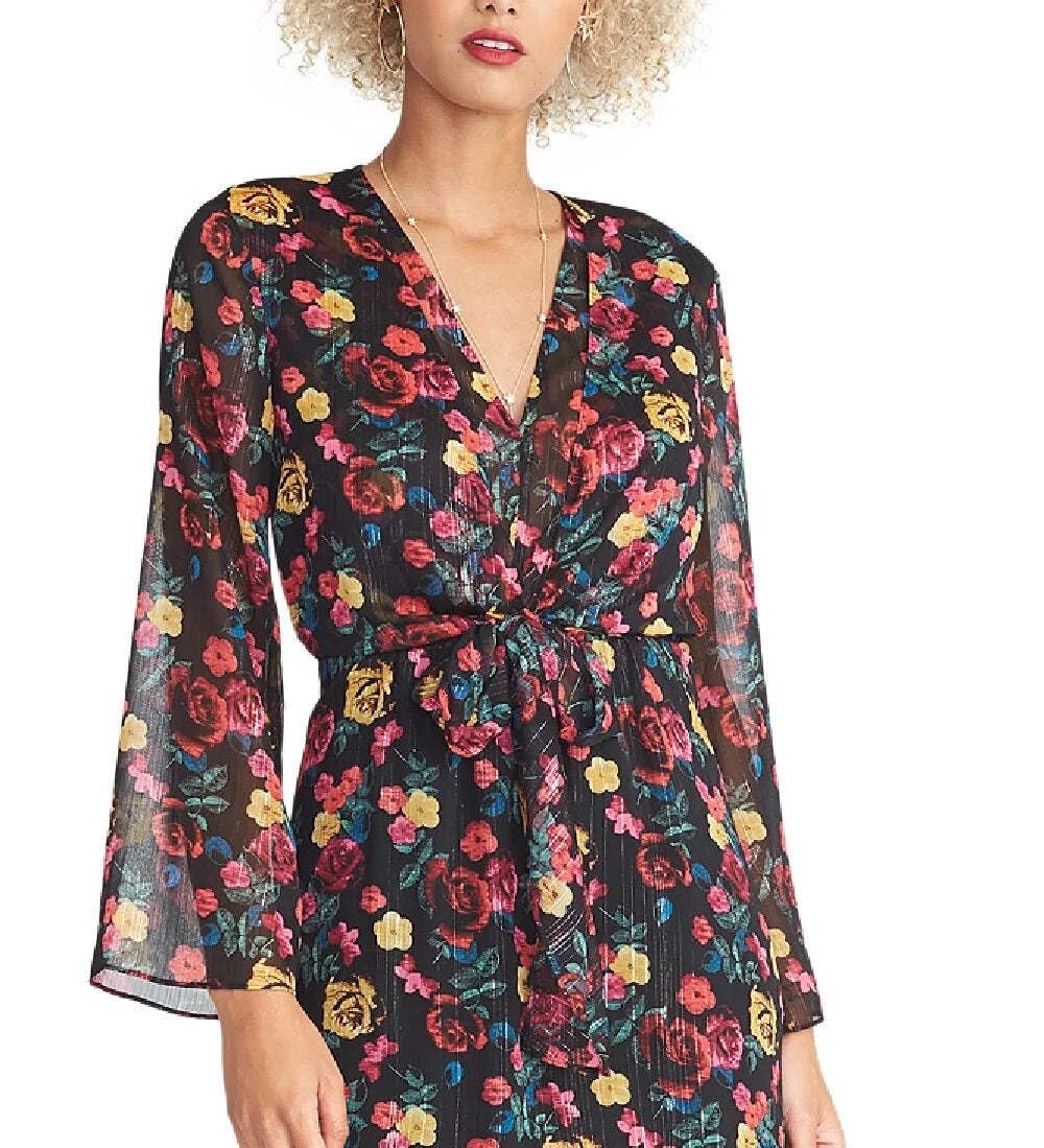 Rachel Roy Women's Emma Floral Tie Front Party Dress - Black Size S | Elegant Cocktail & Evening Gown for Weddings, Dinners & Special Occasions