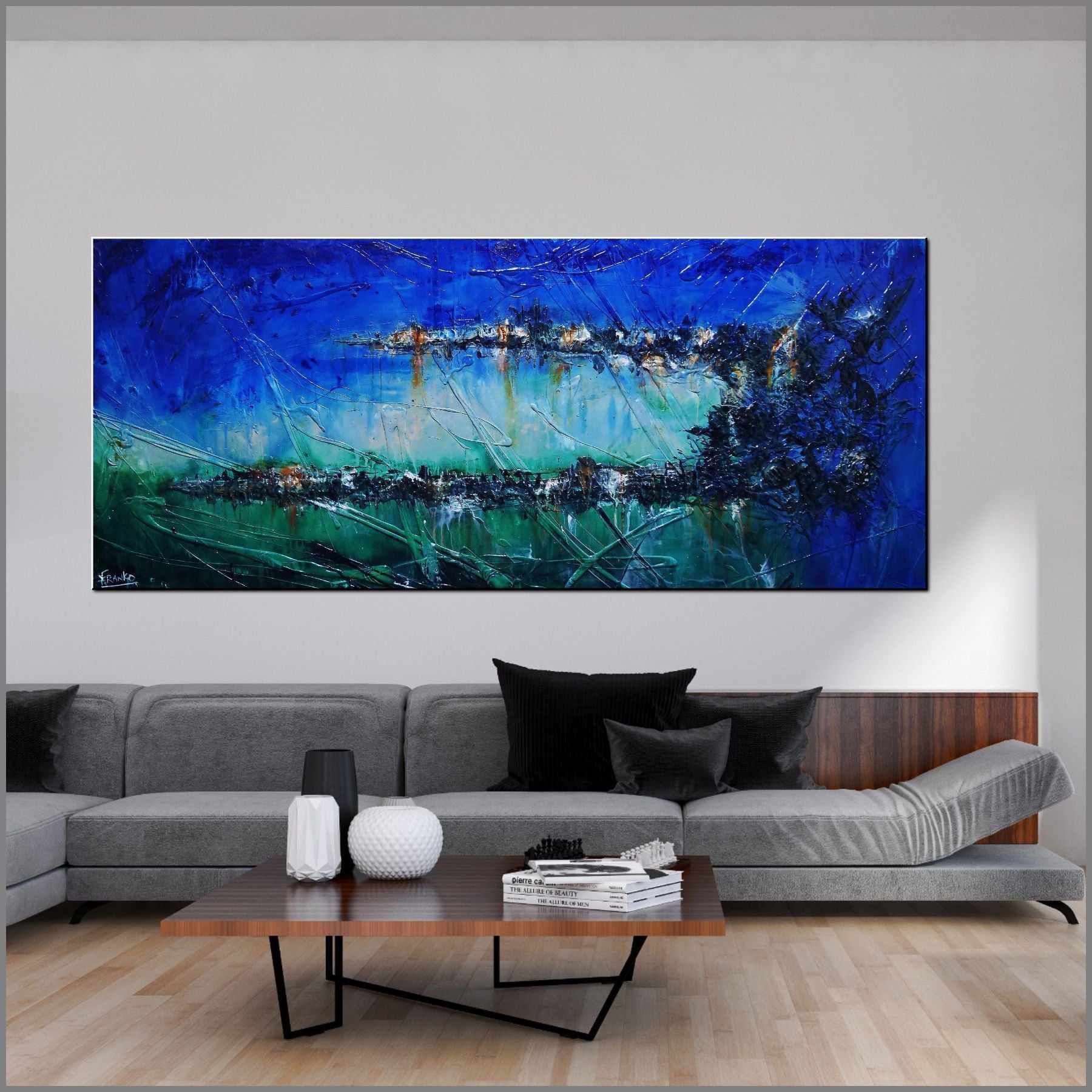 Nature's Calling 240cm x 100cm Blue Green Textured Abstract Canvas Art - Modern Wall Decor for Living Room, Bedroom & Office
