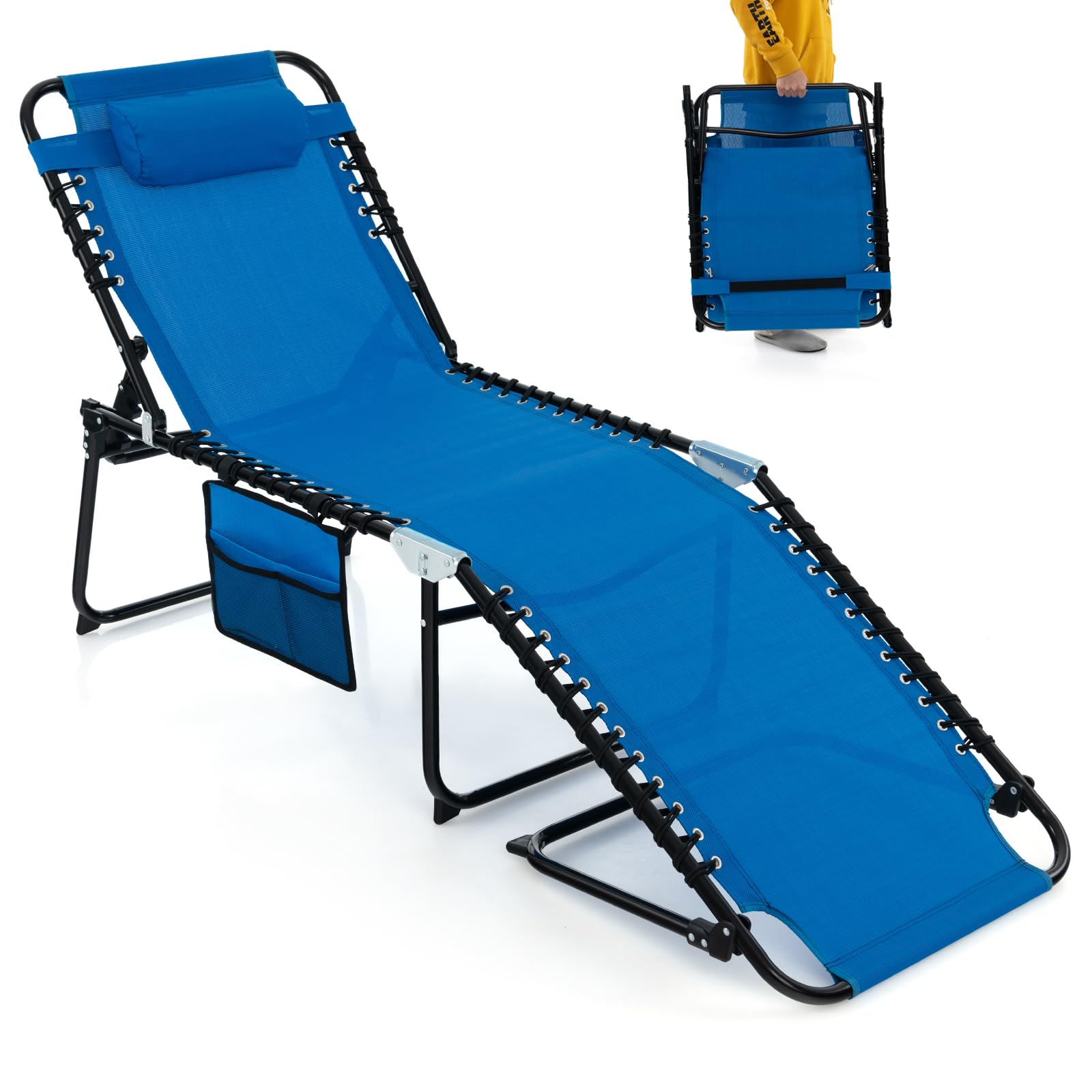 Giantex Folding Patio Lounge Chair with Headrest - 4 Adjustable Positions & Side Pocket, Outdoor Chaise Lounge for Camping, Pool, Beach, Sunbathing - Navy Blue (Perfect for Backyard, Deck, and Vacation Relaxation)
