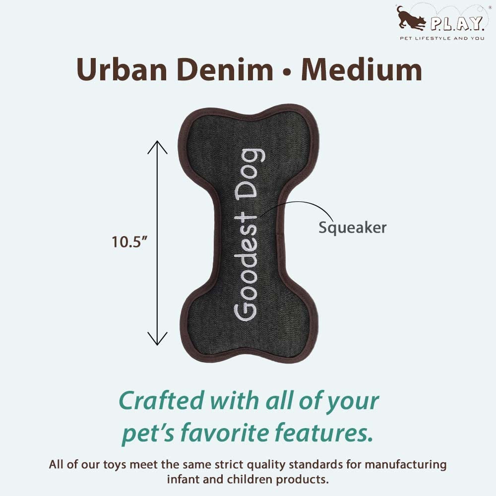 **P.L.A.Y. ECO Bones Durable Squeaker Dog Chew Toy - Recycled Material, Machine Washable for Small, Medium & Large Dogs - Perfect for Teething Puppies & Playtime (Urban Denim, Medium)**    **Usage Scenarios:** Great for indoor play, outdoor fetch, training rewards, and soothing teething discomfort in puppies.