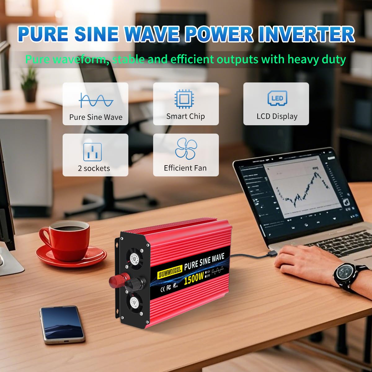 SUNWHEEL 1500W Pure Sine Wave Power Inverter - 12V DC to 110V/120V AC Converter with LCD Display & 2 Outlets for Solar Off-Grid, RV, Truck, Home Appliances (Microwave, Refrigerator, Coffee Maker, TV) - Perfect for Camping, Road Trips & Emergency Power Backup