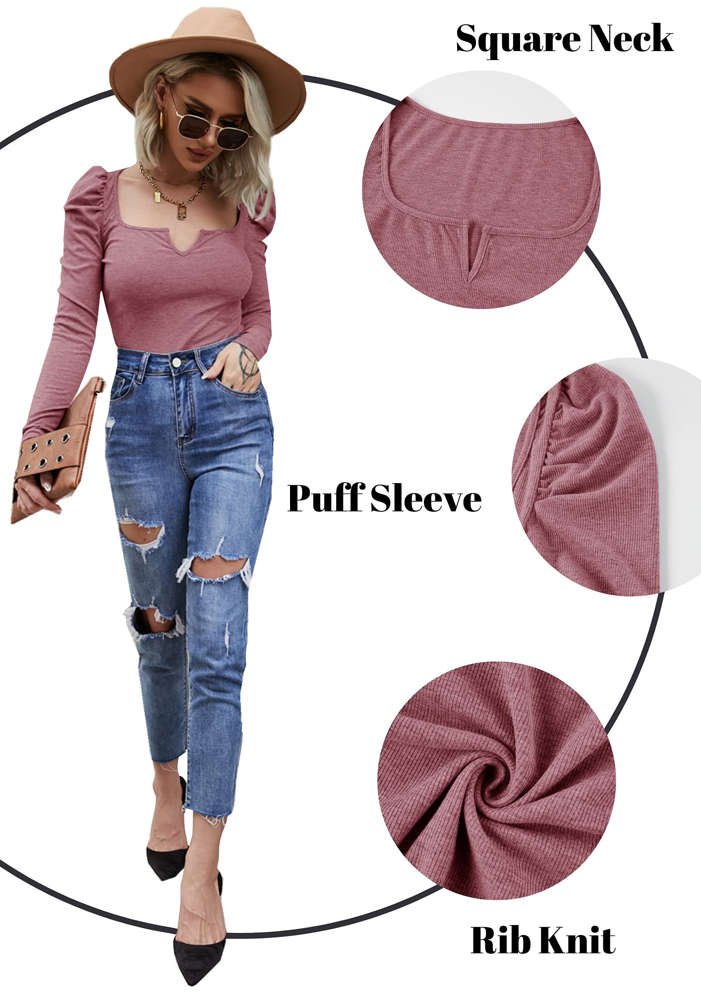 Valphsio Women's Chic Square Neck Long Sleeve Knit Top - Ribbed Puff Pullover Sweater (Medium, X-Blue) | Casual Fall Winter Fashion, Office Wear & Date Night Outfit